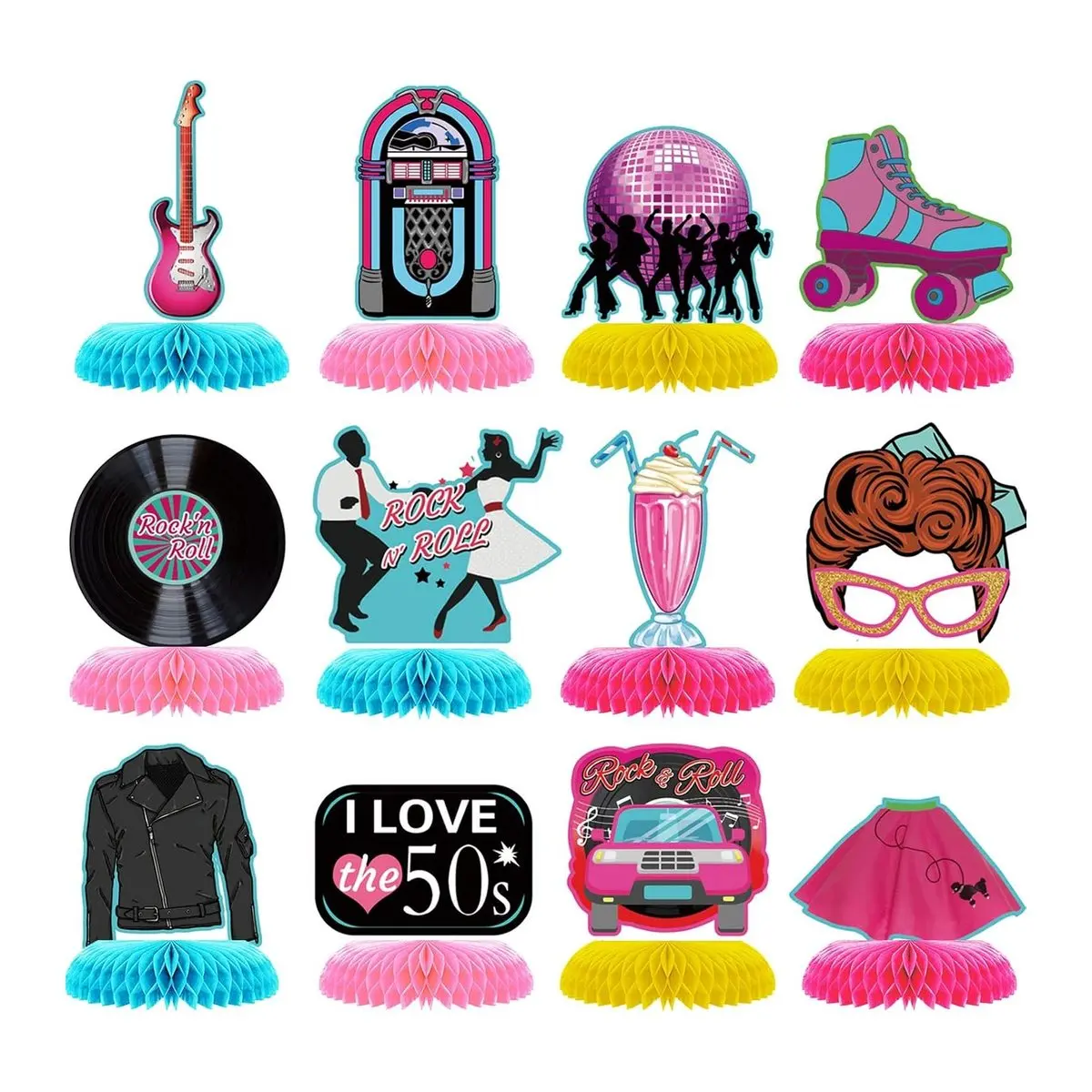 1950s Rock and Roll Honeycomb Centerpieces 6-Inch Set Pack - 12 Retro Table Toppers with Figures, Props, Stickers, Photo Accents for 50s-60s Disco Themed Party Decor, Festive Home Supplies, 6 Inches