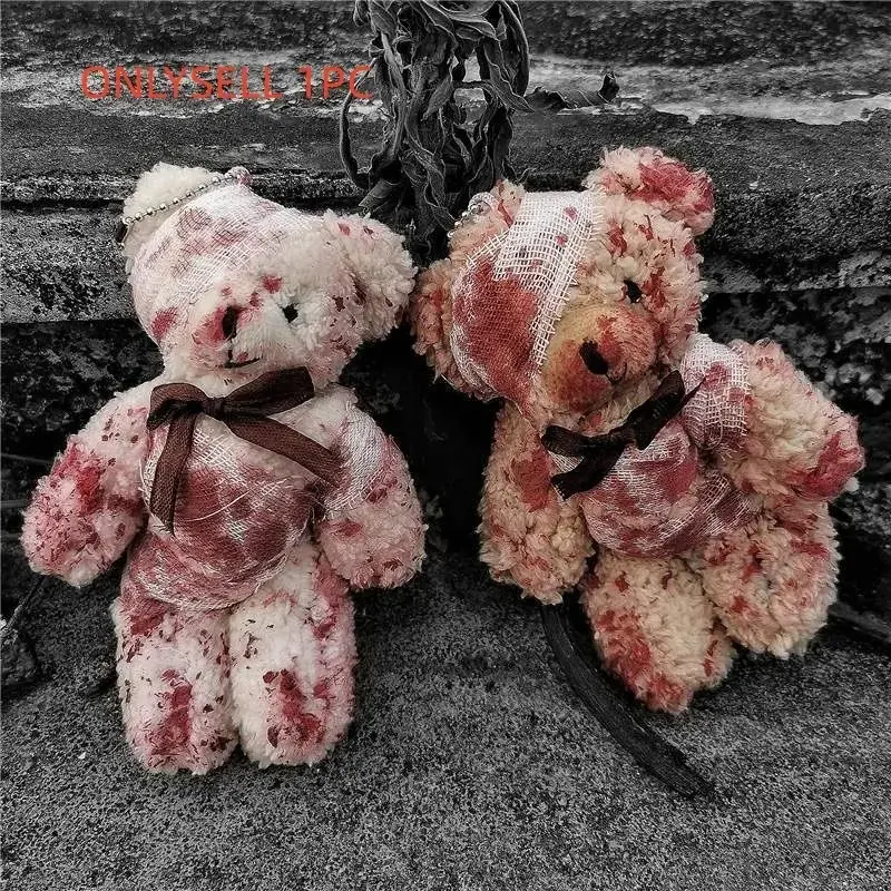 Disabled Dark Lolita Bloody Injured Bear Doll, Spooky Halloween Hanging Ornament, Unique Horror Decor, Perfect for Gothic Lovers