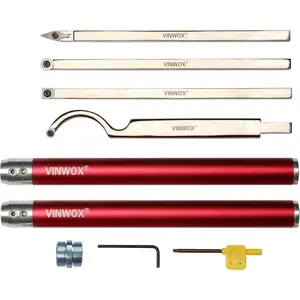 9 PCS Carbide Wood Lathe Turning Tool Set for Pen Turning, Includes Swan Neck Hollower, Rougher, Finisher, Detailer, 14"-29" Aluminum Handles, Fine Polished Stainless Steel Shank