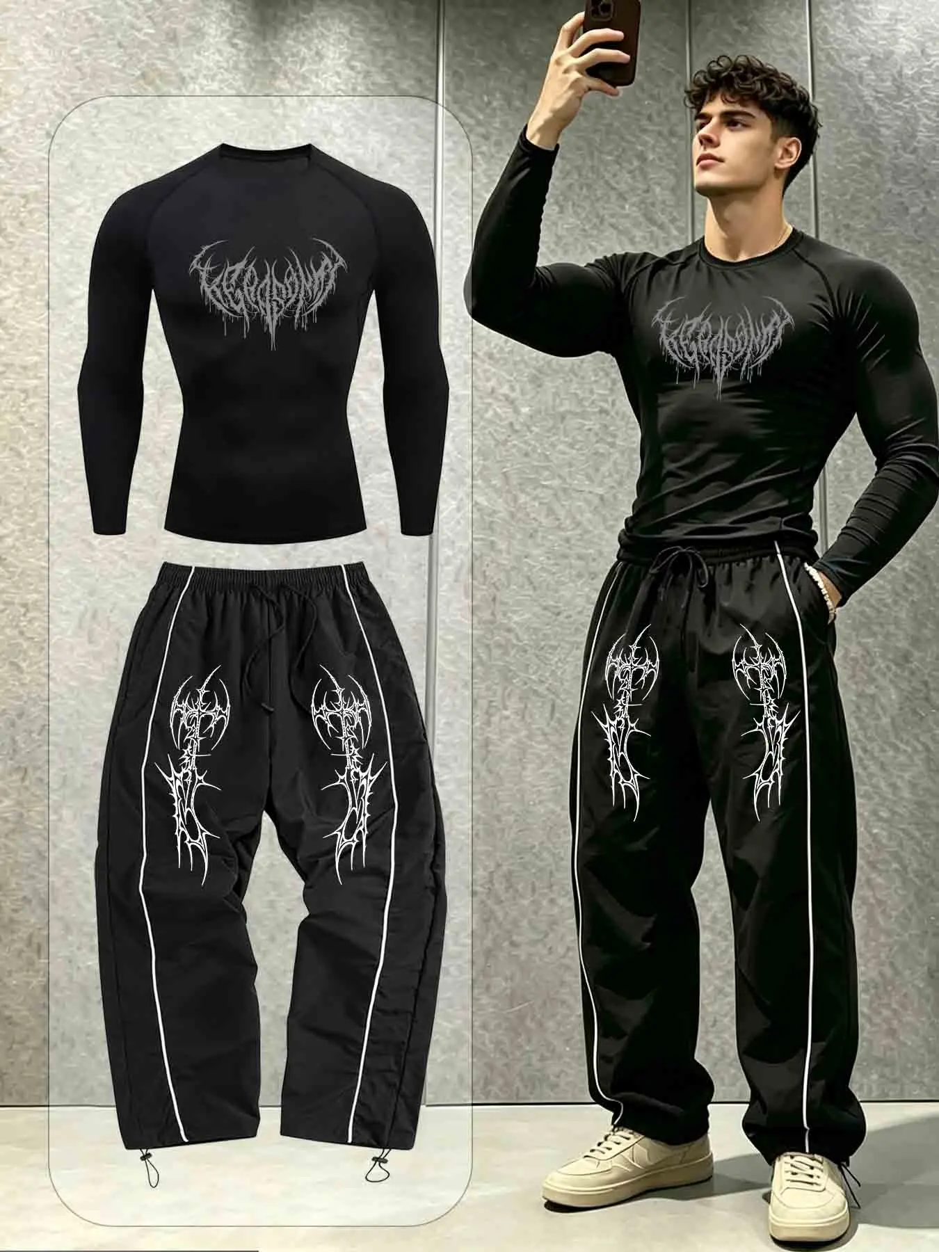 New Fashion Thorn Print Men's Sportswear Set, Fitted Top and Loose Bottom, Ideal for Fitness, Running, Training, Casual Wear, Athleisure Tracksuit Outfit, Athletic Sets
