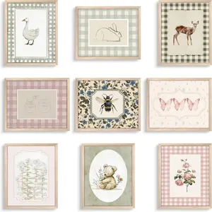 Vintage Nursery Animal Wall Art Set of 9, Cute Forest Animal Canvas Prints Poster, Rustic Cottage Farm Nursery Wall Decor Painting for Baby Kids Room Playroom, 8x10 Inch Unframed
