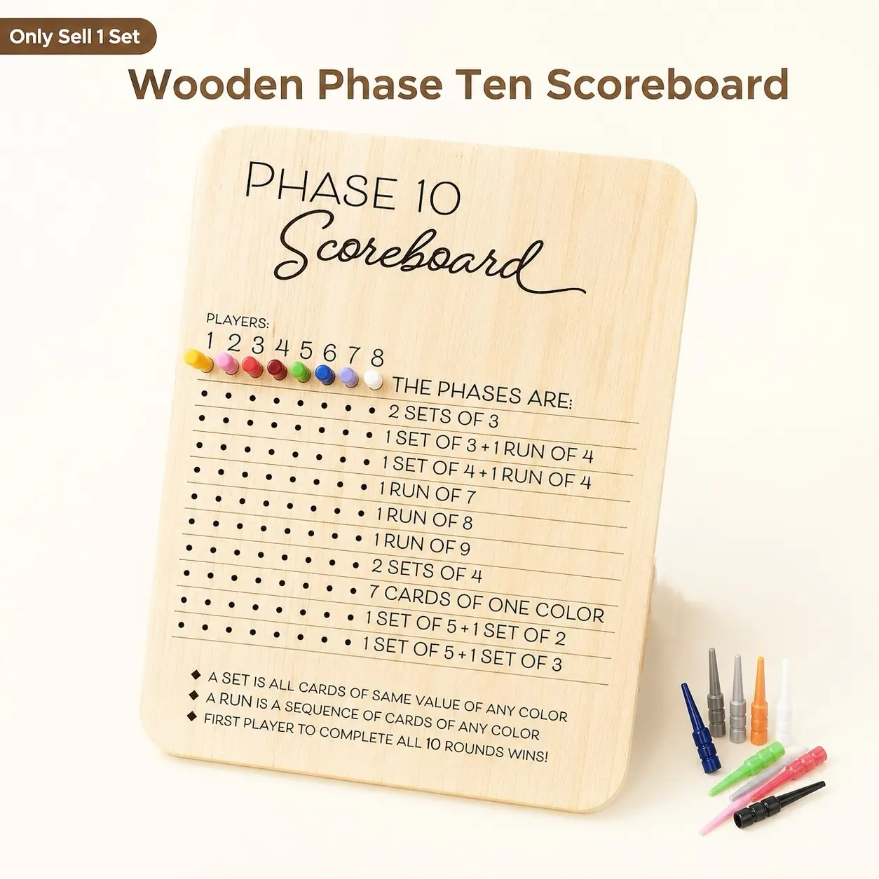 1 Set Wooden Phase Ten Scoreboard Card Game, Round Tracker With 8 Colored Pegs And Stand, Portable Round Tracking Board, Family Game Night Tabletop Card Games For Adults And Teens, Indoor Travel Use.