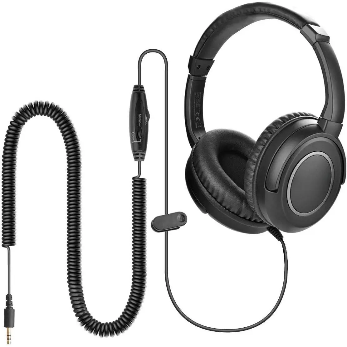 HF039 Long Coiled Cord Headphones for TV and PC with Volume Control, Stero/Mono Control,16.4  / 5M Extended Range , 3.5mm AUX Audio, Stereo Sound Spiral Wired Over Ear Headphones
