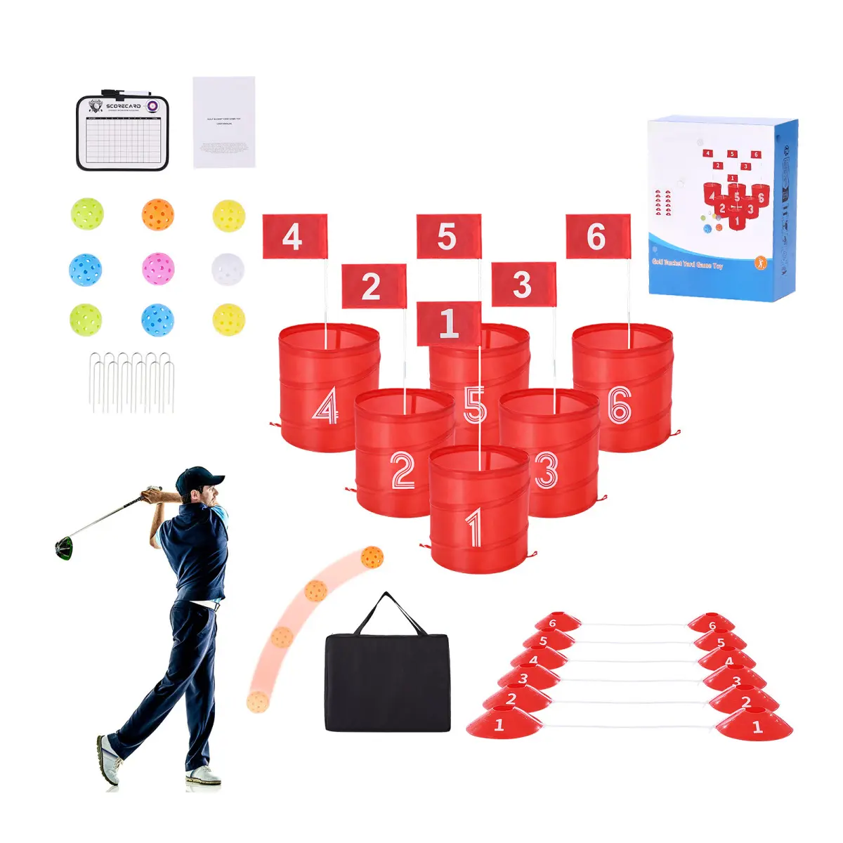 Portable 6-Hole Backyard Golf Game Set, Outdoor Sports Kit with Oxford Cloth Buckets, Fiberglass Flag Sticks & Storage Bag for Family Fun, Backyard Golfing, Complete Accessories, 17.09 In X 13.07 In X 5.51 In, Fabric, Outdoor Games, Family Entertainment,,