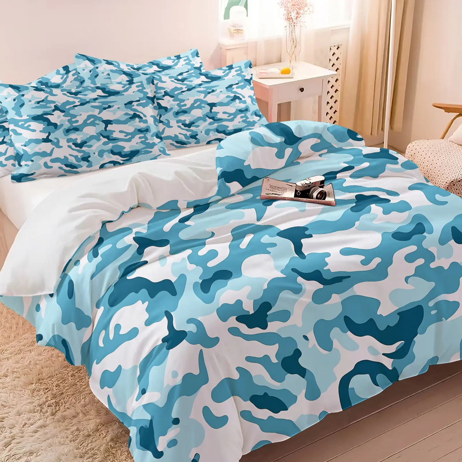 Streetwear Light Blue Camo Duvet Cover Set, Includes 1 Duvet Cover + 1/2 Pillowcases, Soft Skin-Friendly Durable All Season Camouflage Bedding Set, Perfect For Teen Boys, Hip Hop & Trendy Bedroom Decor