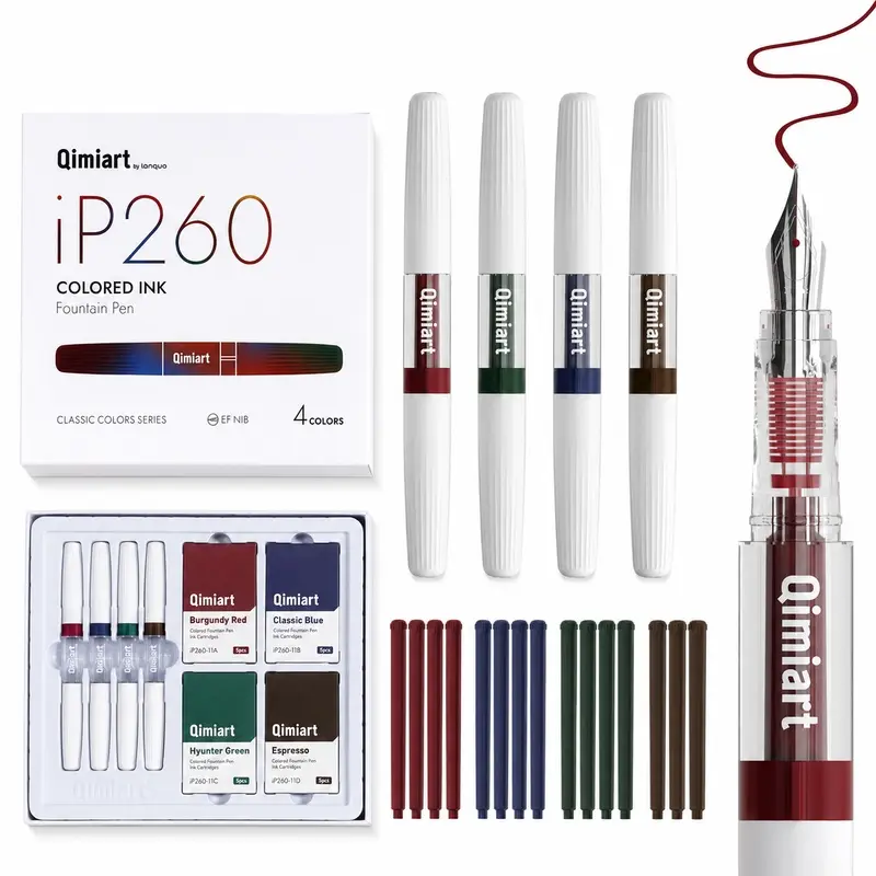 4-Color Fountain Pen Set with EF Extra-Fine Nibs and 16 Assorted High-Capacity Replacement Ink Cartridges, Colored-Ink Pens for Calligraphy Practice, Line Drawing, Office Writing and Sketching