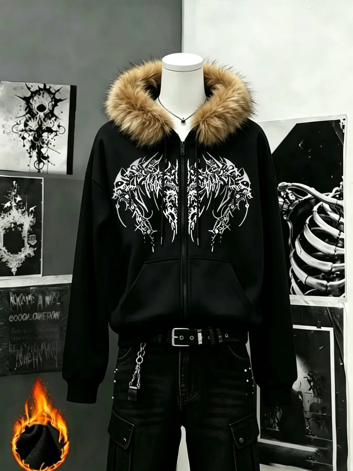 Dark Gothic Faux Fur Lined Zip-Up Hoodie for Men, Heavy Metal Thorn Print, Thickened Warm Outerwear, Street Style Fitted Design