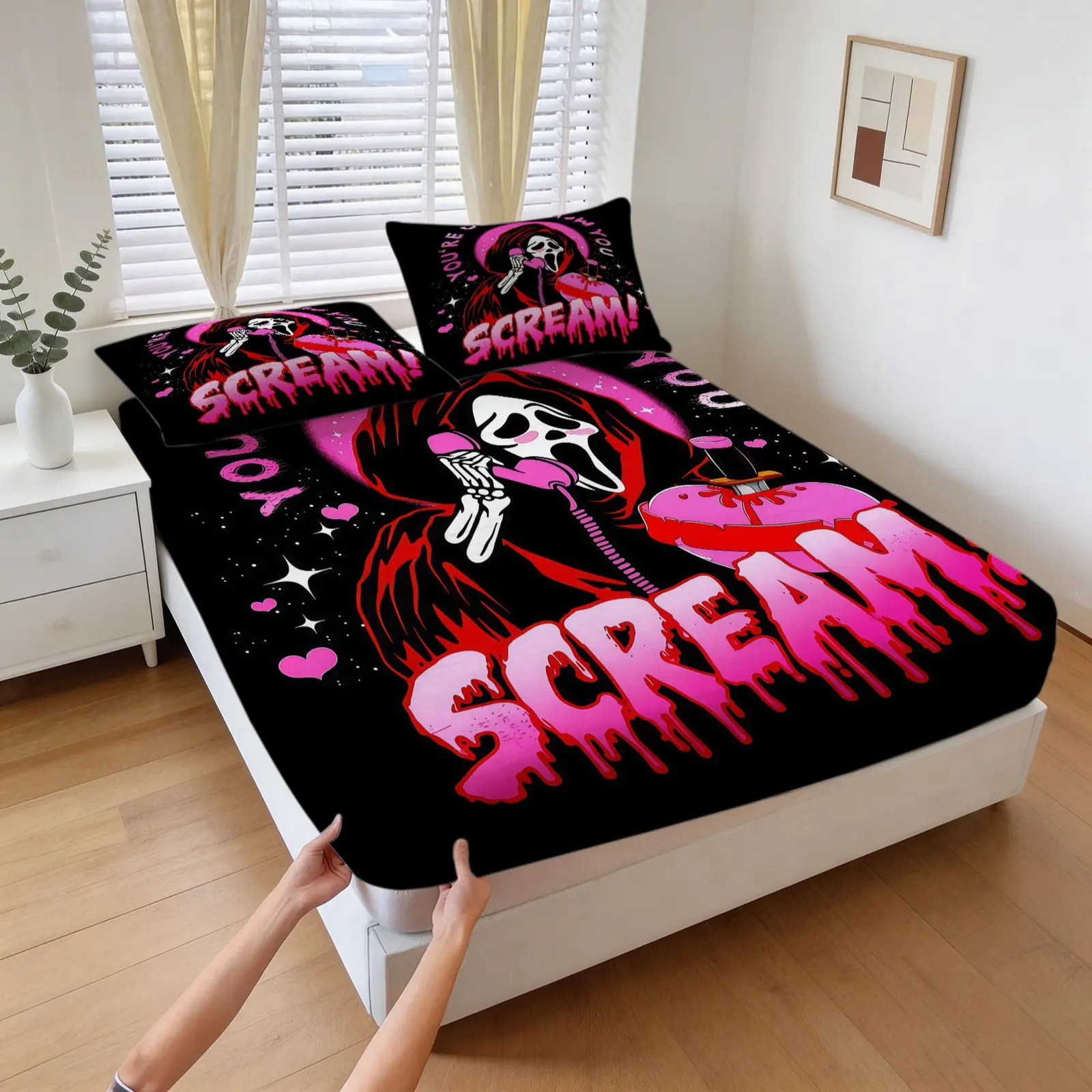 3-Piece Scream Halloween Pattern Fitted Sheet Set, Including 1 Flat Sheet And 2 Pillowcases, Soft And Comfortable Bedding, Non-Slip Dust Cover, Suitable For Bedroom And Guest Room, Bed Sheet Sets