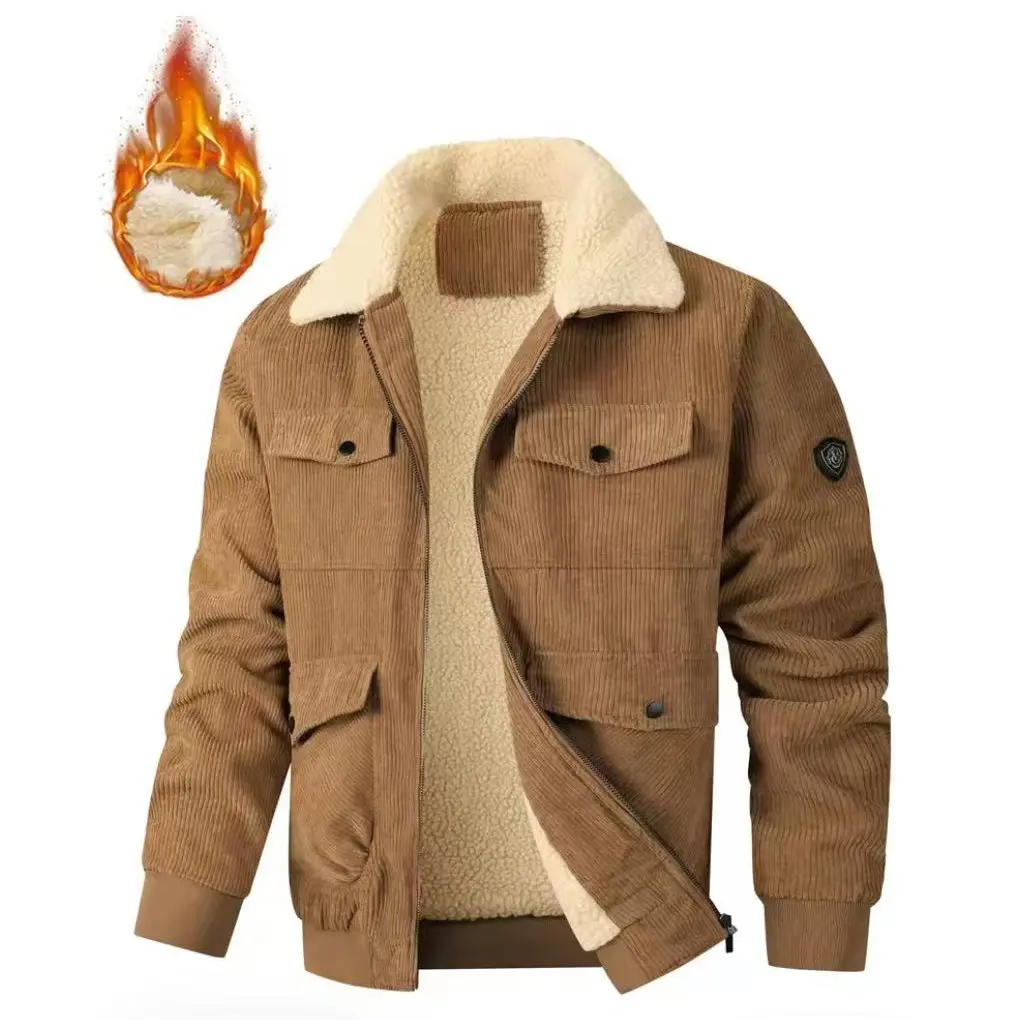 Men's Corduroy Jacket, Casual Solid Sherpa-Lined Long Sleeve Fleece Tops for Superior Warmth, Coats, Pockets, Fleece Jacket, Cold Weather, Stylish, Fabric, Menswear, Plain, Longsleeves, Patches, Standard, Polyester