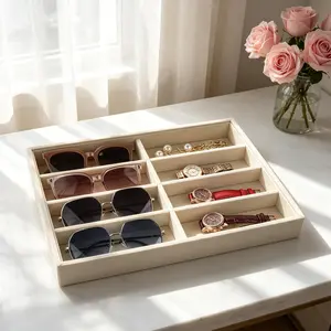 1PC Velvet Sunglasses Storage Tray, 8-Compartment Drawer Organizer, Stackable Display Box, Scratch-Resistant Lining, Unisex, Standard Drawer Fit