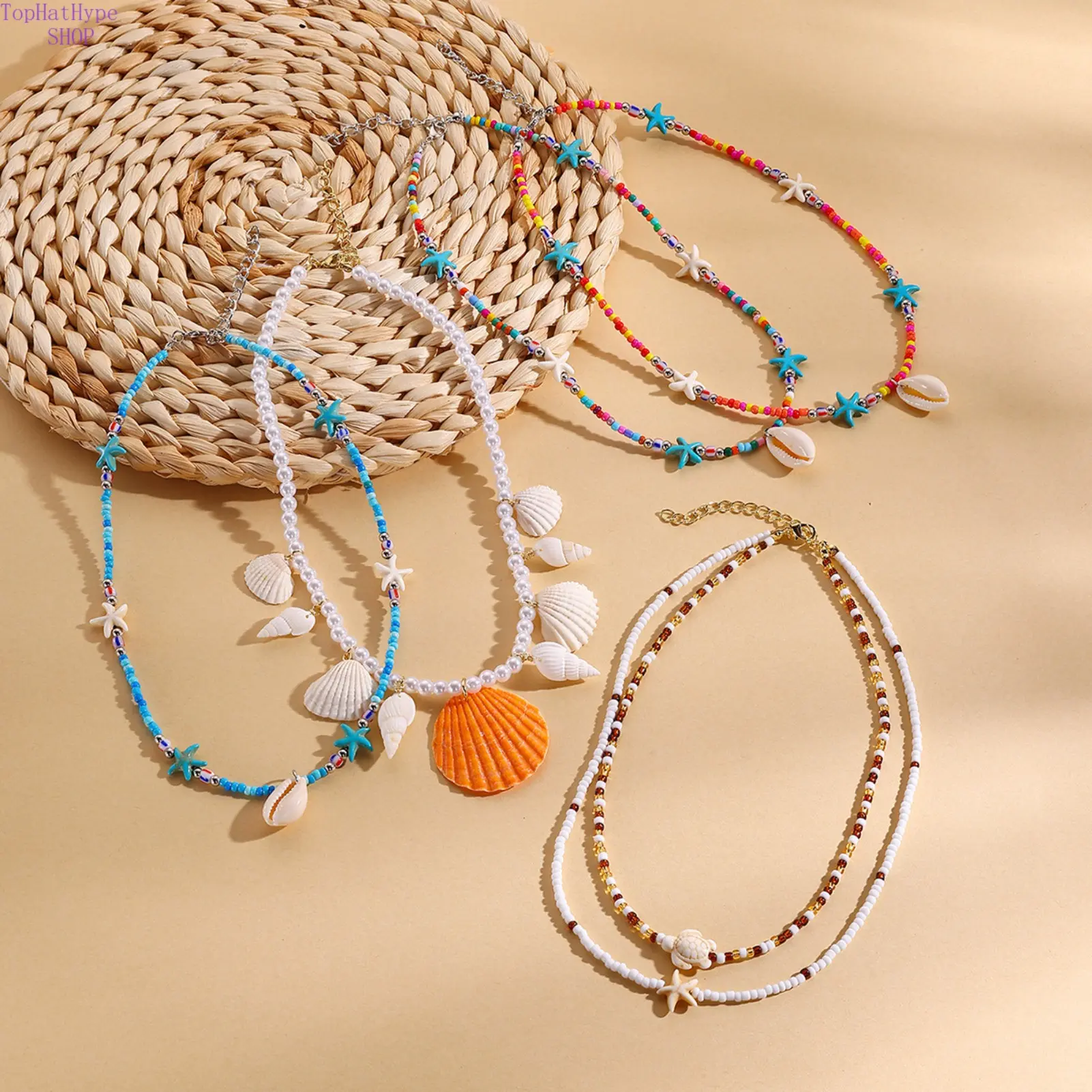 Trendy Boho Multicolor Beads Necklace for Women, Shell Jewelry with Conch Accent for Seaside Styling, Natural Shell, Casual Beach Outfits, Ethnic, Seed Bead Mix, Bohemian Look, Daily