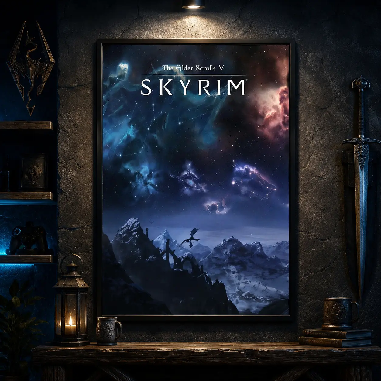 Skyrim The Elder Scrolls V Galaxy Game Print Poster, The Elder Scrolls Skyrim Video Game Posters Decor Decoration Items, Canvas Wall Art Print, Fantasy Gaming Wall Decor for Bedroom Dorm Office Man Cave, Vintage RPG Poster, Gift for Video Game Fans