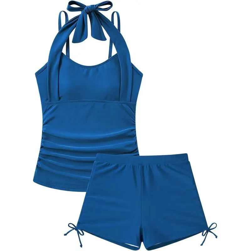 Girls' 2-Piece Halter Neck Tankini Swimsuit with Adjustable Straps, Removable Pads, Drawstring Shorts, Sizes 7-16, for Beach & Pool, Hand Wash Gently