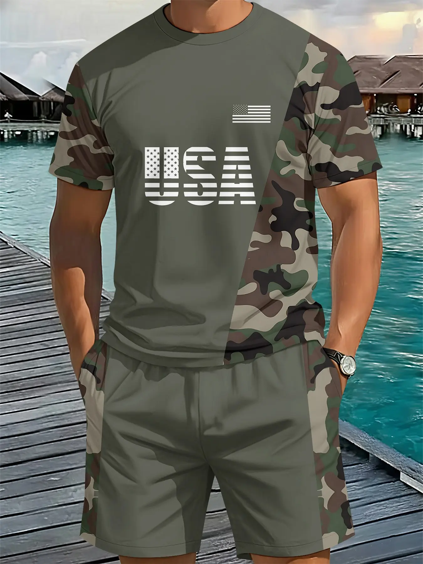 Men's American retro flag camouflage patchwork print two-piece matching set, a crew neck short-sleeved shirt and shorts set, suitable for beach vacations, sports and outdoor activities, Outfit