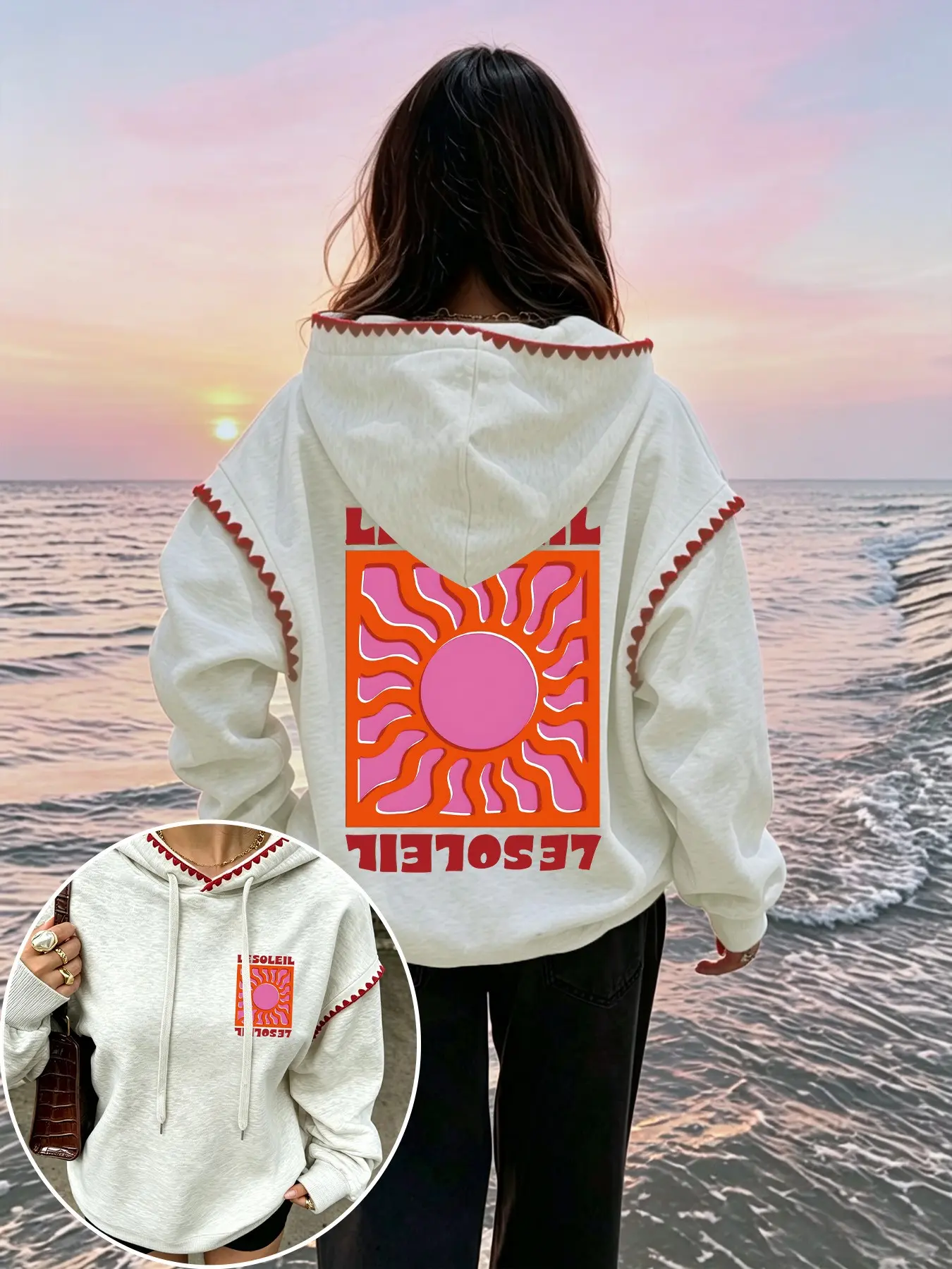 Vintage Patchwork Hooded Sweatshirt, Sun Pattern Print, Fashionable Casual Top, Soft Comfortable Fabric, Ideal for Daily Wear