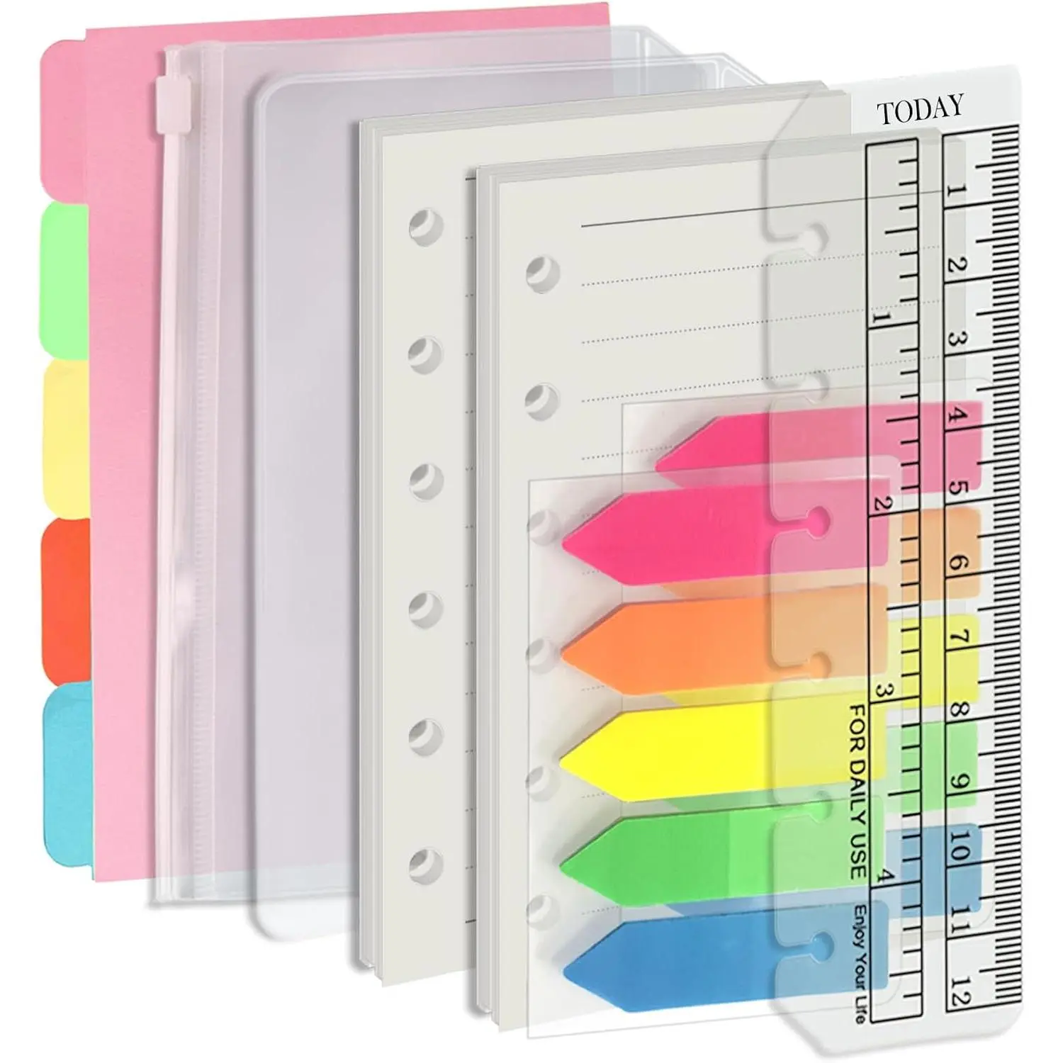 A7 6-Hole Binder Refill Value Set, 90-Sheet Ruled Loose Leaf Paper with Stickers, Dividers, Page Finder & PVC Pockets, Office Planner Inserts