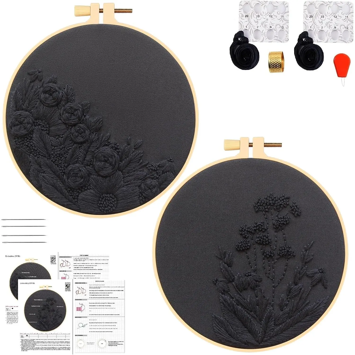 Black  Embroidery Kits for Beginners Adults, Floral Hand Embroidery Set Needlepoint DIY Kit, Stamped   Kits for Beginners Adult, 2 Embroidery Hoops (Attached Video Tutorial)