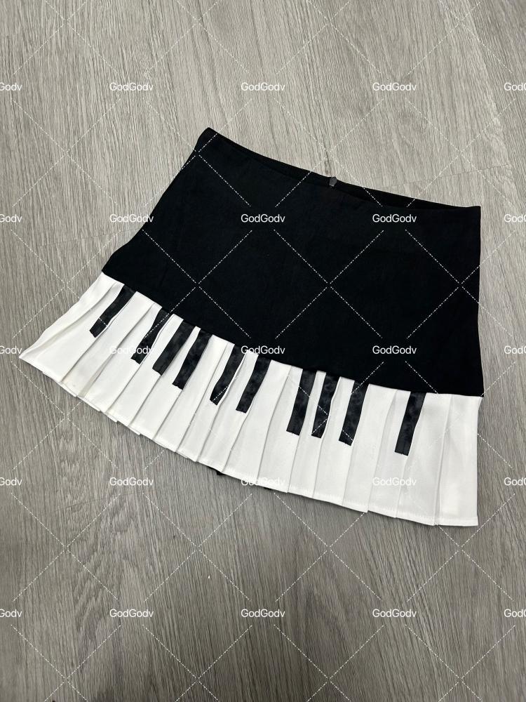 Spring Black White Spliced Women Short Skirt 2025 Y2k Slim Design Harajuku Mini Skirt Female Empire Korea Style Chic Piano Skirt