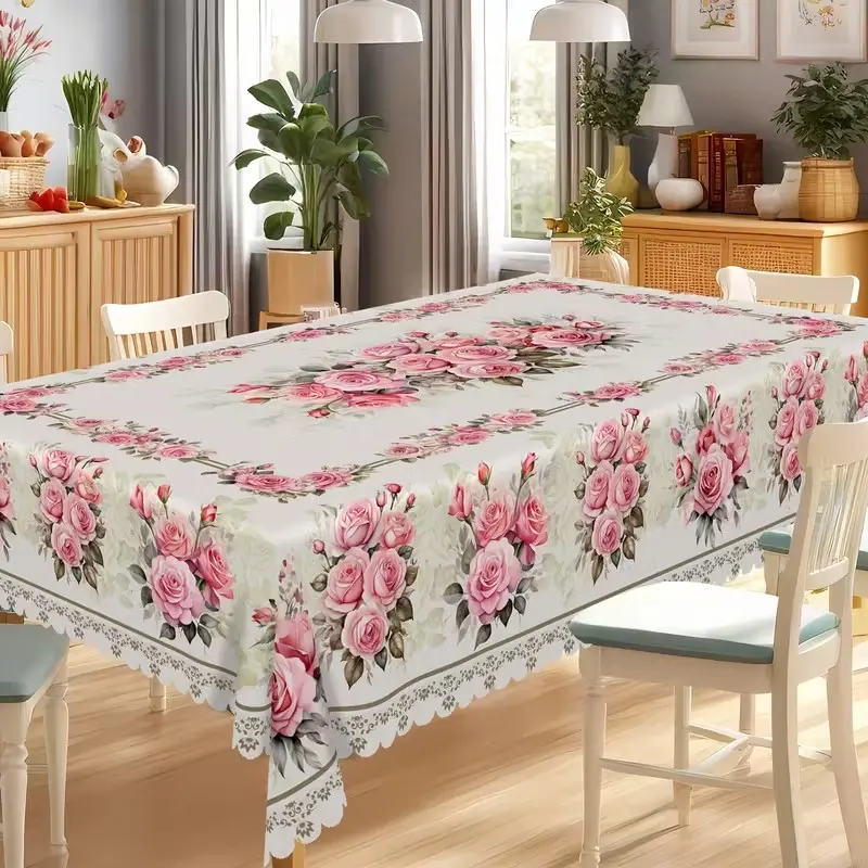 2D Flat Party Tablecloth, Elegant Vintage Floral Farmhouse Style, Rose and Lace Design, Polyester, Easy Setup, Inviting Atmosphere, Ideal for Mother's Day, Wedding, Outdoor Use, Picnics