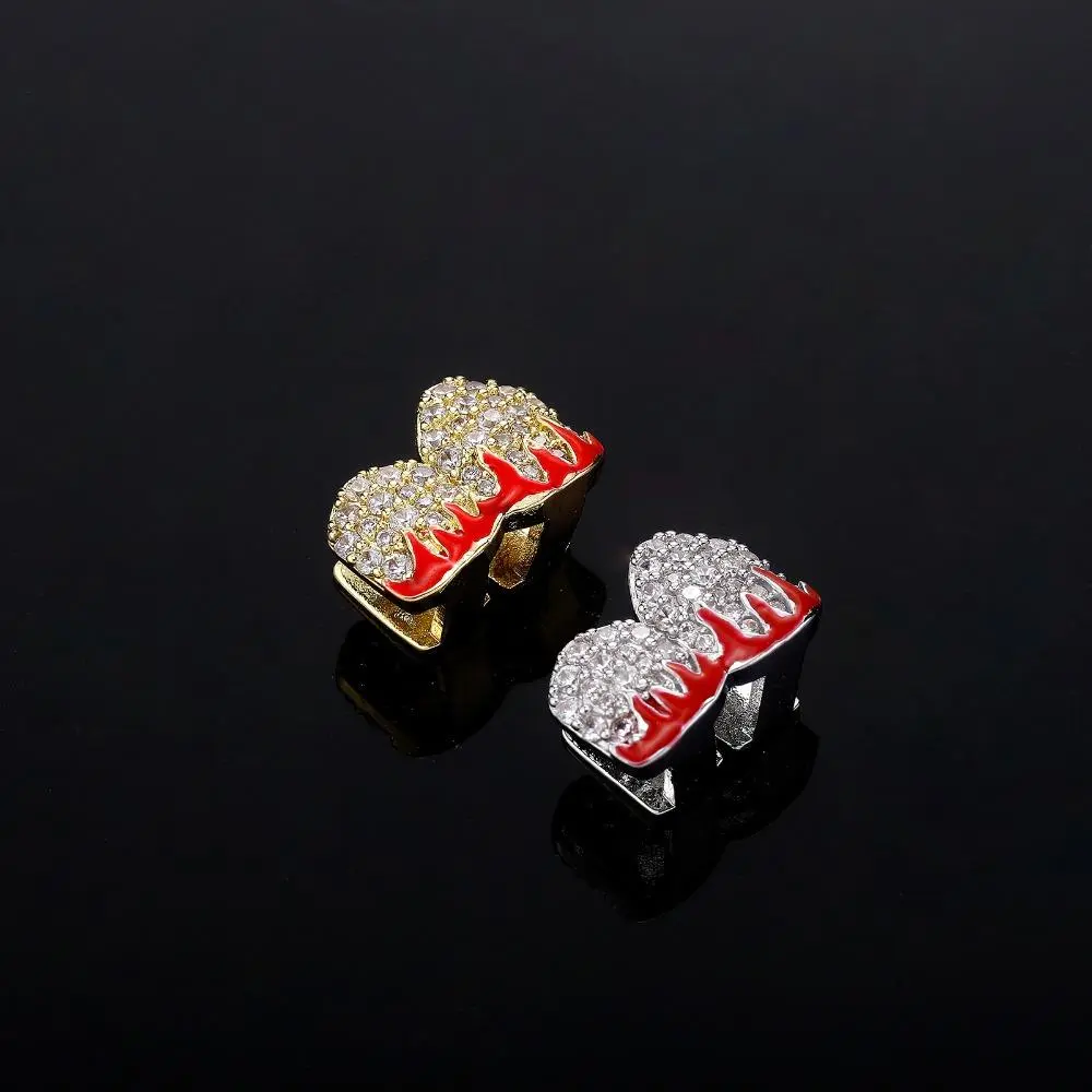Single & Double Flame Pattern Full Cubic Zirconia Gold Grillz Teeth Caps, Shiny Bling Teeth Jewelry, Versatile Halloween Hip Hop Party Teeth Accessory
