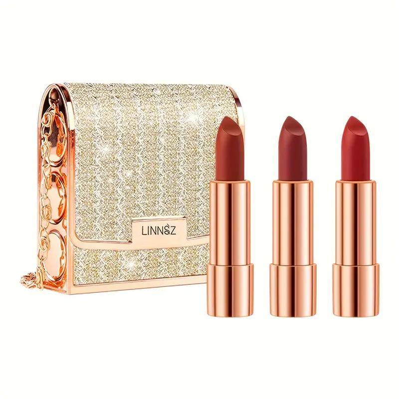 Luxurious Long-Lasting Matte Lipstick Set, 3 Counts/set Waterproof Non-Stick Cup Lipsticks with Silver Chain Bag, Ideal Gift for Girls and Ladies