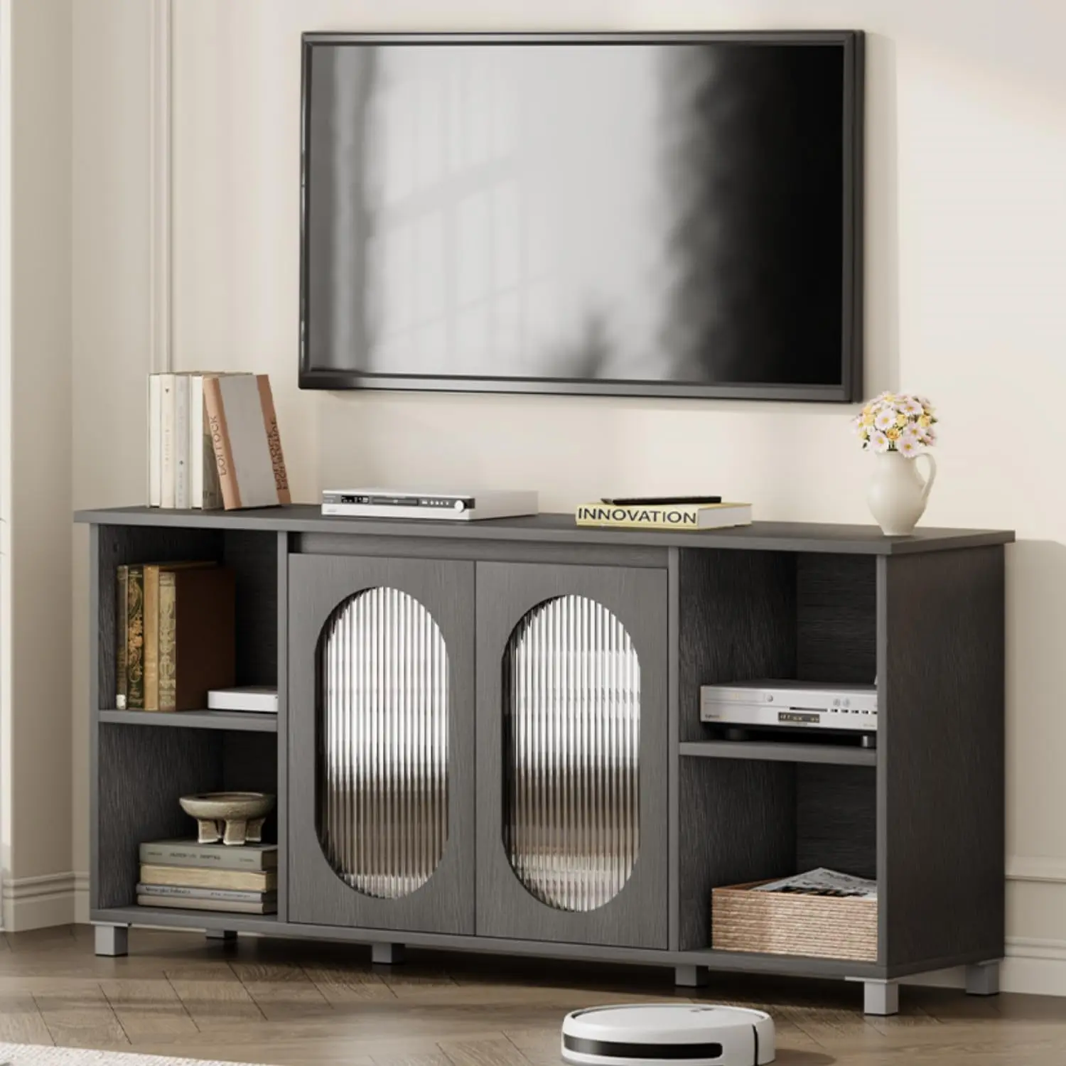 GARVEEModern Entertainment Center and Media Console with Corrugated Glass Cabinet Doors, Suitable for 60-70 Inch Televisions, Offering Multiple Storage Options Including Open Shelves, Available in Black and White & Dark Brown Finishes