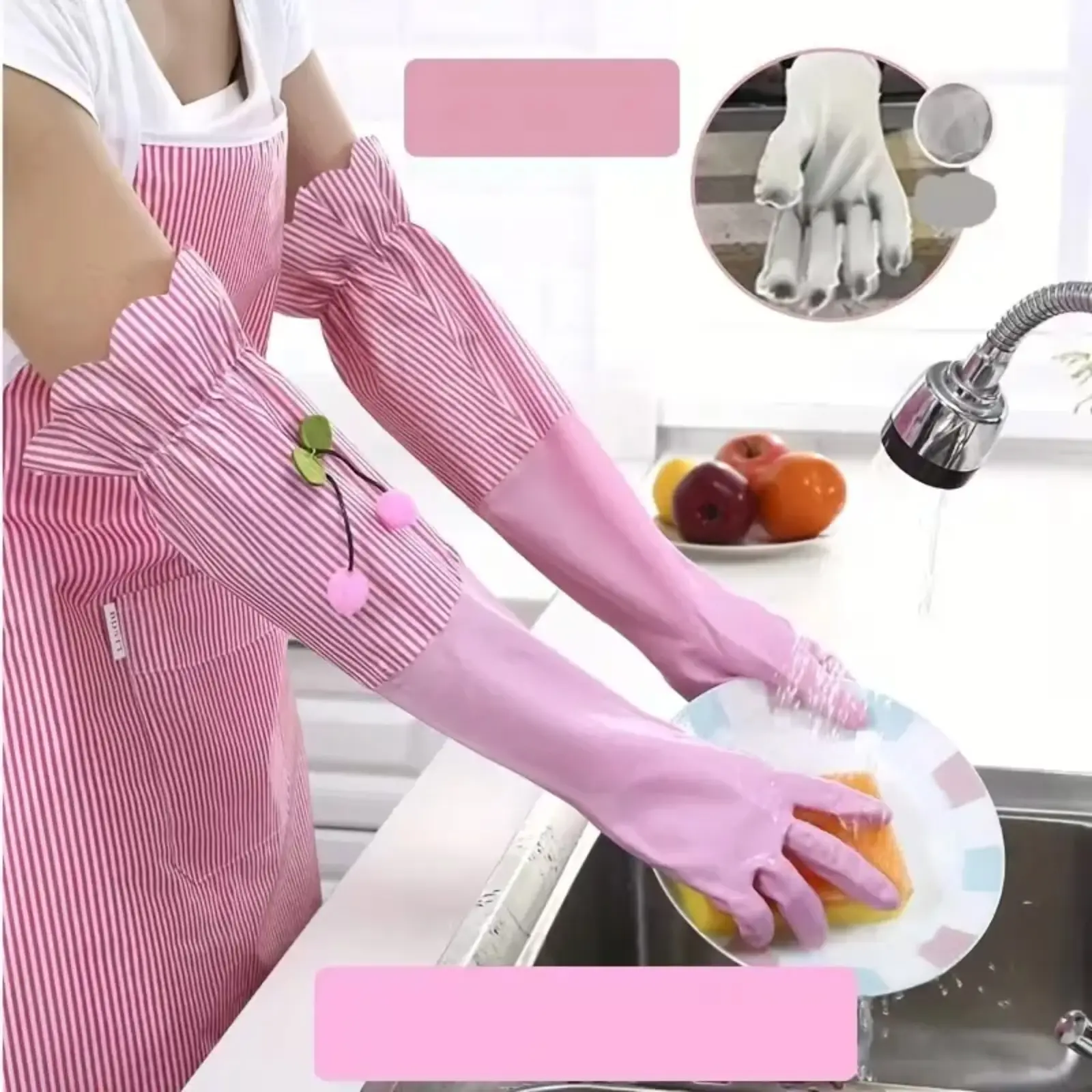 【The color of the floral sleeves is random.】Fleece Lined Thermal Cleaning Gloves, Waterproof Durable Rubber Dishwashing Gloves, Ruffled Edge Household Protective Gloves For Washing Dishes And Laundry