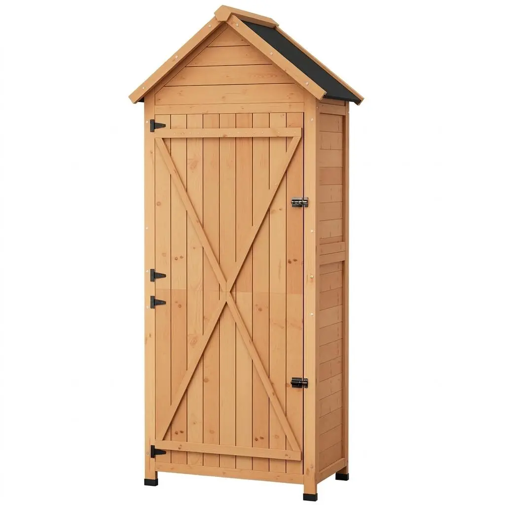 Natural Finish Compact Wooden Storage Cabinet, Waterproof Outdoor Tool Shed with 4 Built-in Shelves & Lockable Doors for Patio, Backyard and Balcony