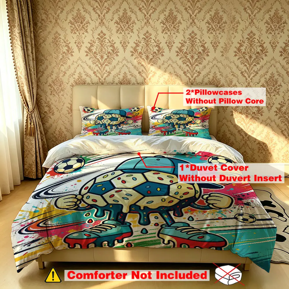 3pcs cartoon football doodle style pattern bedding set, including 1 bedding cover and 2 pillowcases, without filling, soft and comfortable, suitable for single beds and double beds, and can be used in bedrooms, dormitories, and hotels.