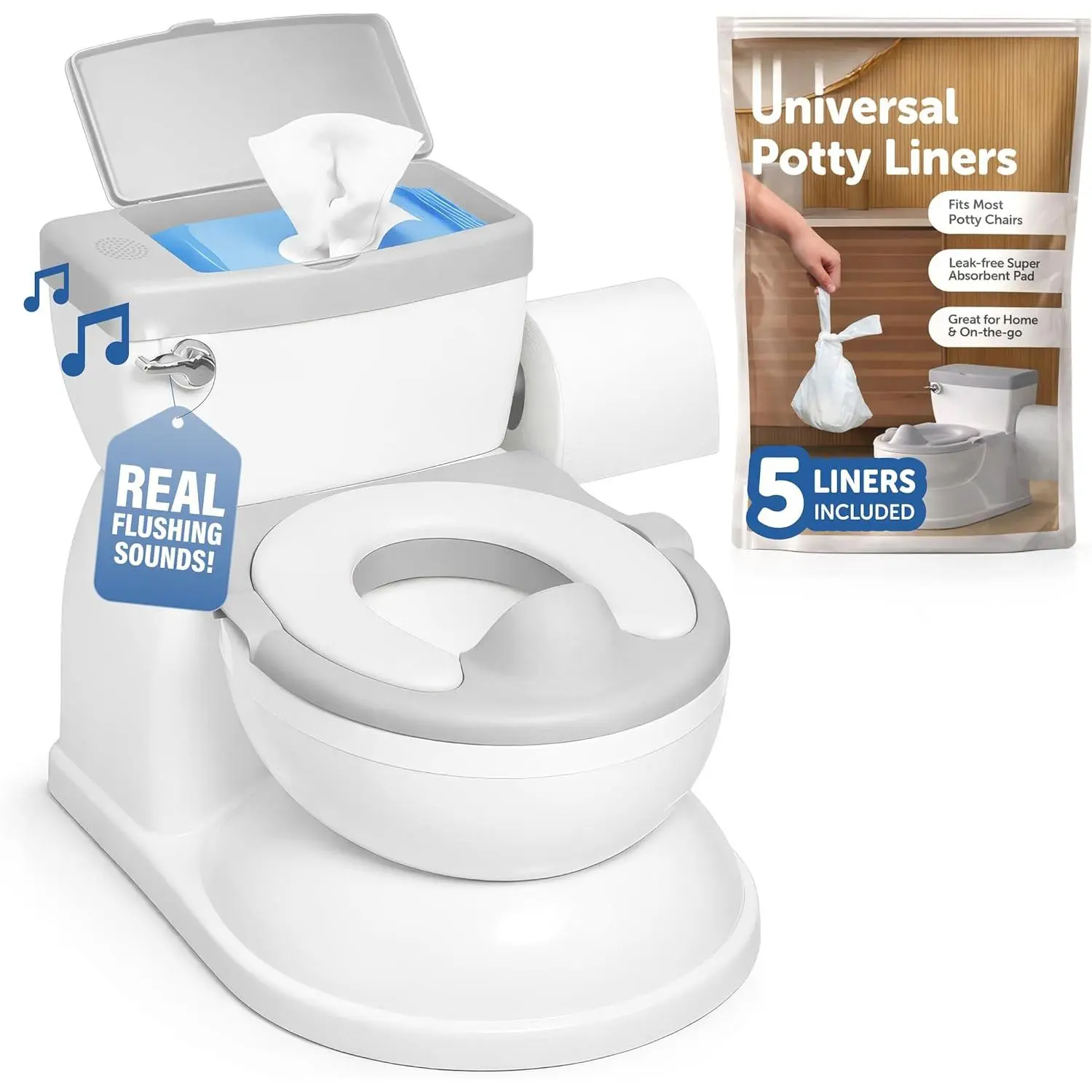 Real Feel 2-in-1 Potty with Wipes Storage, Flushing Sounds & Disposable Liners - Realistic Toilet - Easy to Clean & Assemble (Gray)