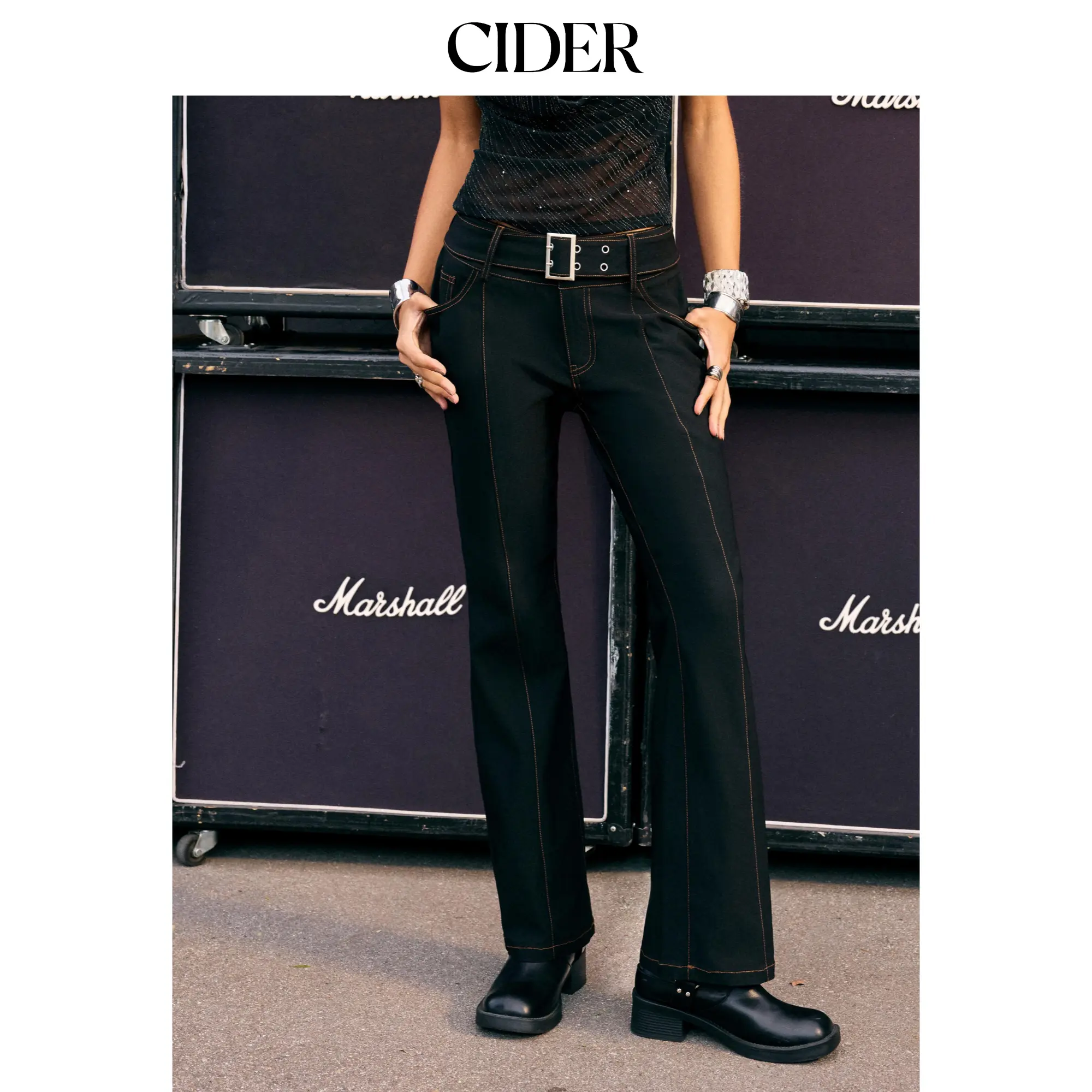 Cider Low Rise Metal Detail Belted Flared Trousers