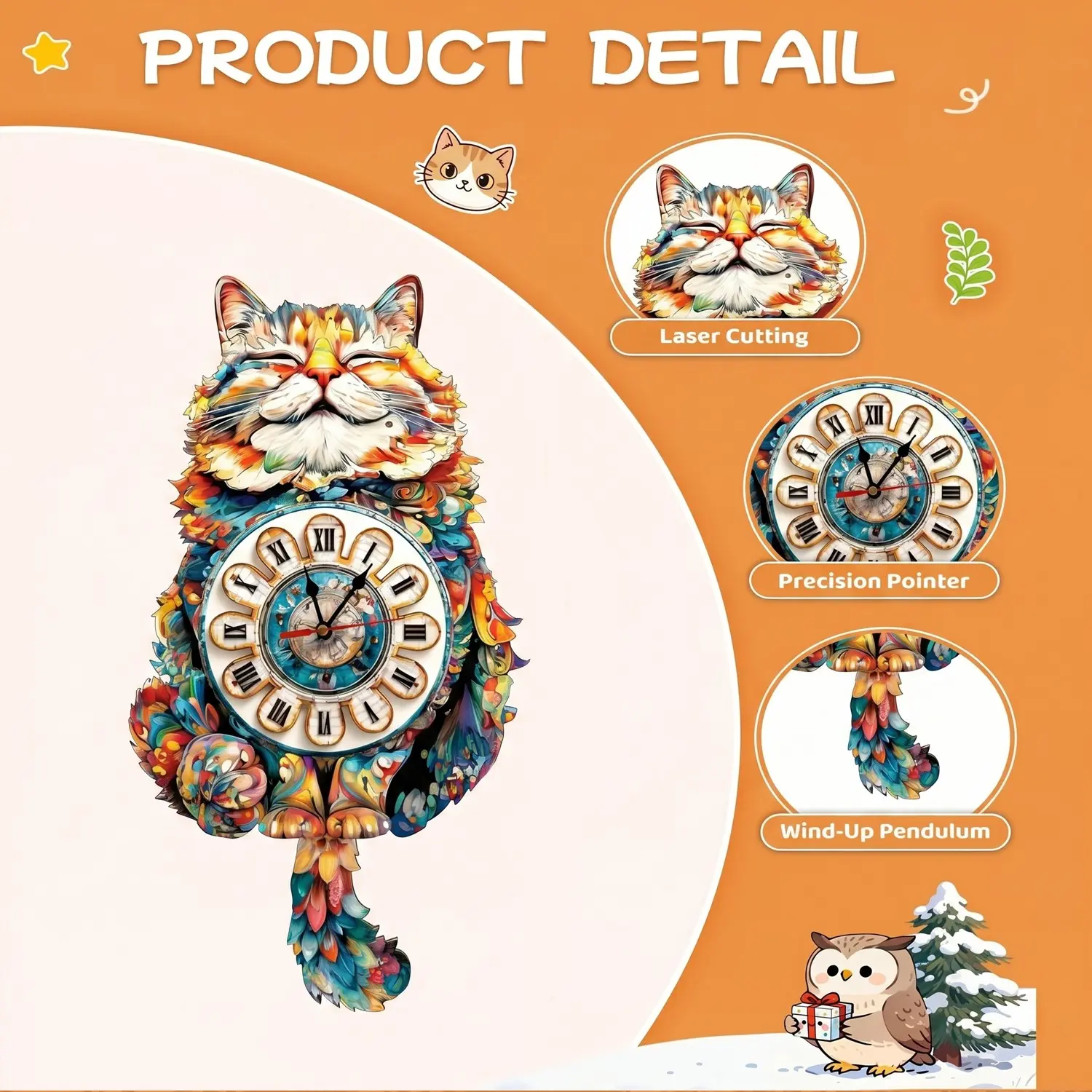 Colorful Cat 3D Wooden Wall Clock, Handmade DIY Assembly, Swinging 3D Clock, Roman Numerals, Desktop Home Office Decor, Decorative Clock, Clocks for Living Room, Halloween Christmas Gift