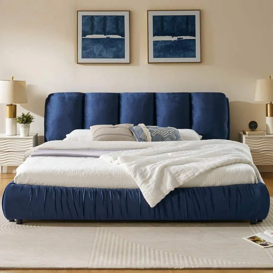 &  Size Upholstered Bed Frame, Modern Platform Bed With Segmented Headboard, Velvet Upholstered Bed, Minimalist Bedroom Furniture, Pleated Side Panels, Density Foam Backrest, Heavy Duty Support Bed Frame, No Box Needed