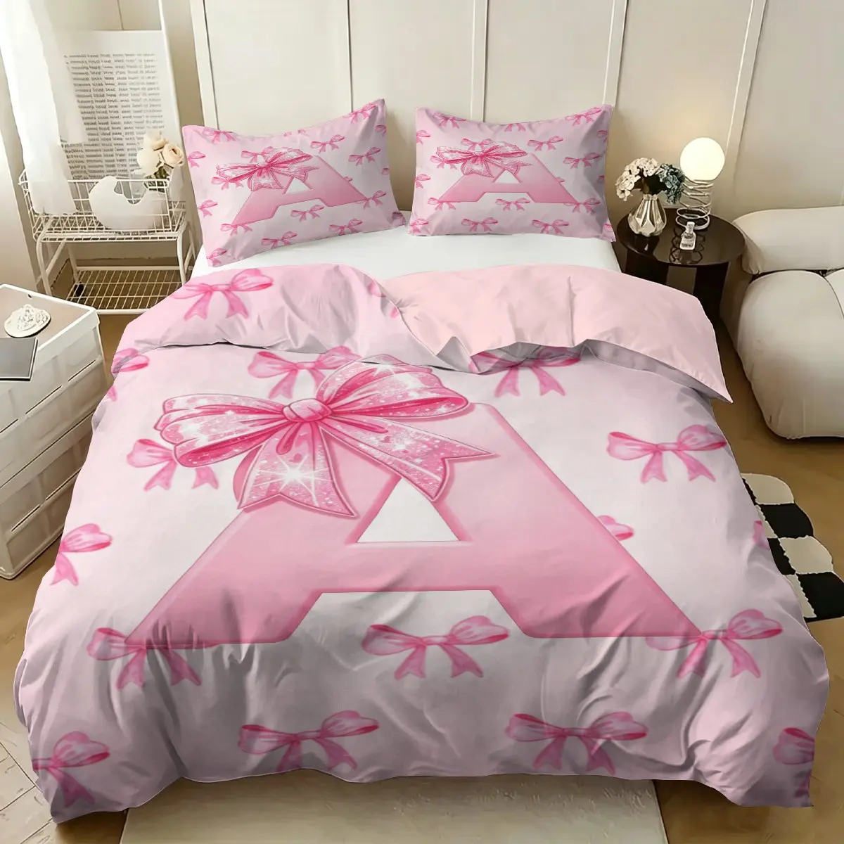 Pink Letter A~Z Bow Pattern Duvet Cover Set, 2/3Pcs Aesthetic Cute Bedding Set, Comfy Bedding Set, Breathable Quilted Quilt, Sweet Girly Bed Linens, Perfect for Teen Girls Bedroom Decor. 1 or 2 Pillowcase, No Filling