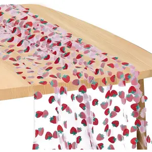 12 Pcs 29x70 Inch Strawberry Shiny Glitter Tulle Table Runner, Pink Lace Tablecloth for Cake Birthday Party Wedding Baby Shower Christmas Decorations