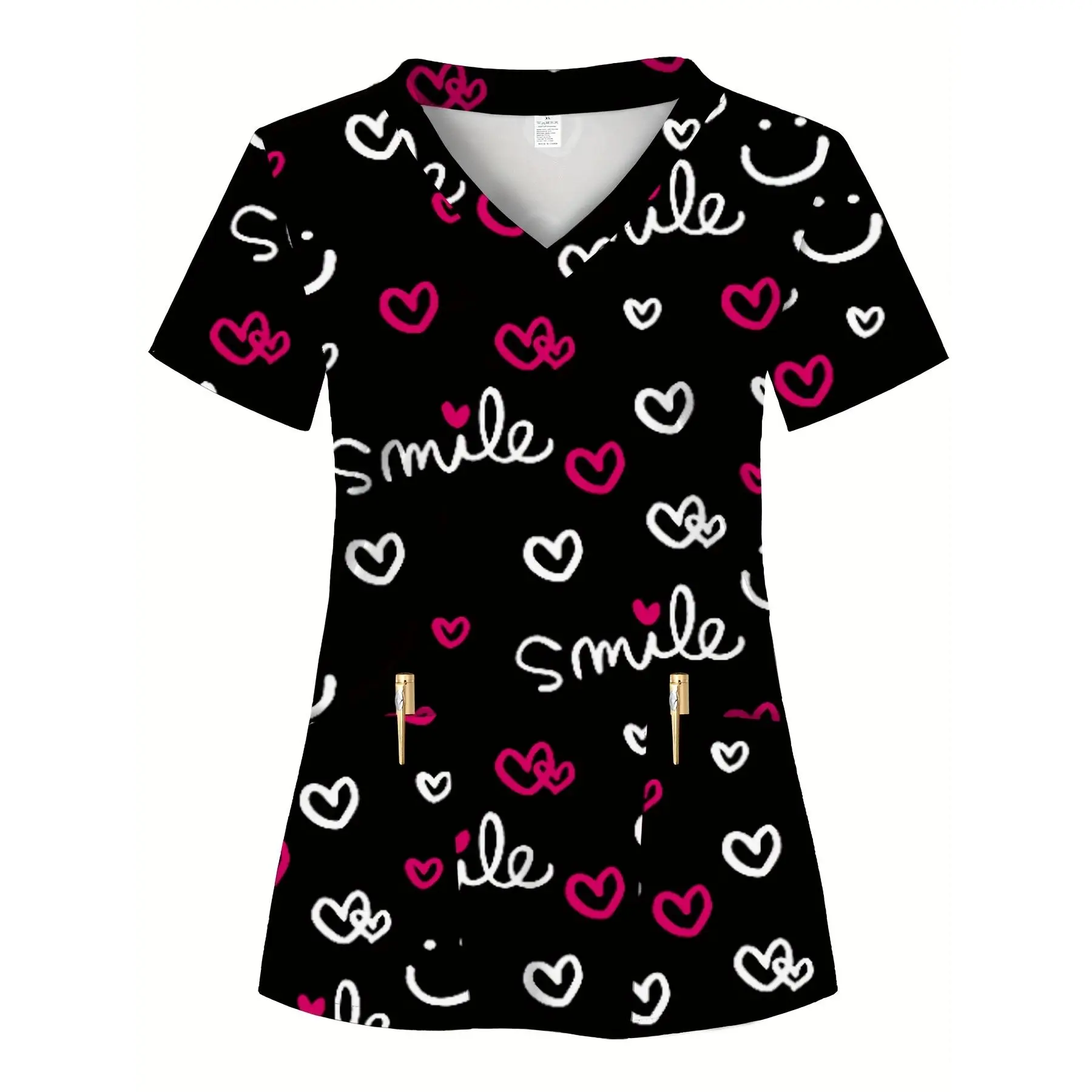 Full-body print, SMILE design, Women's scrub top with two pockets - a comfortable, breathable, and practical uniform suitable for professionals in hospitals, dental clinics, beauty salons, and healthcare institutions. Nurse workwear