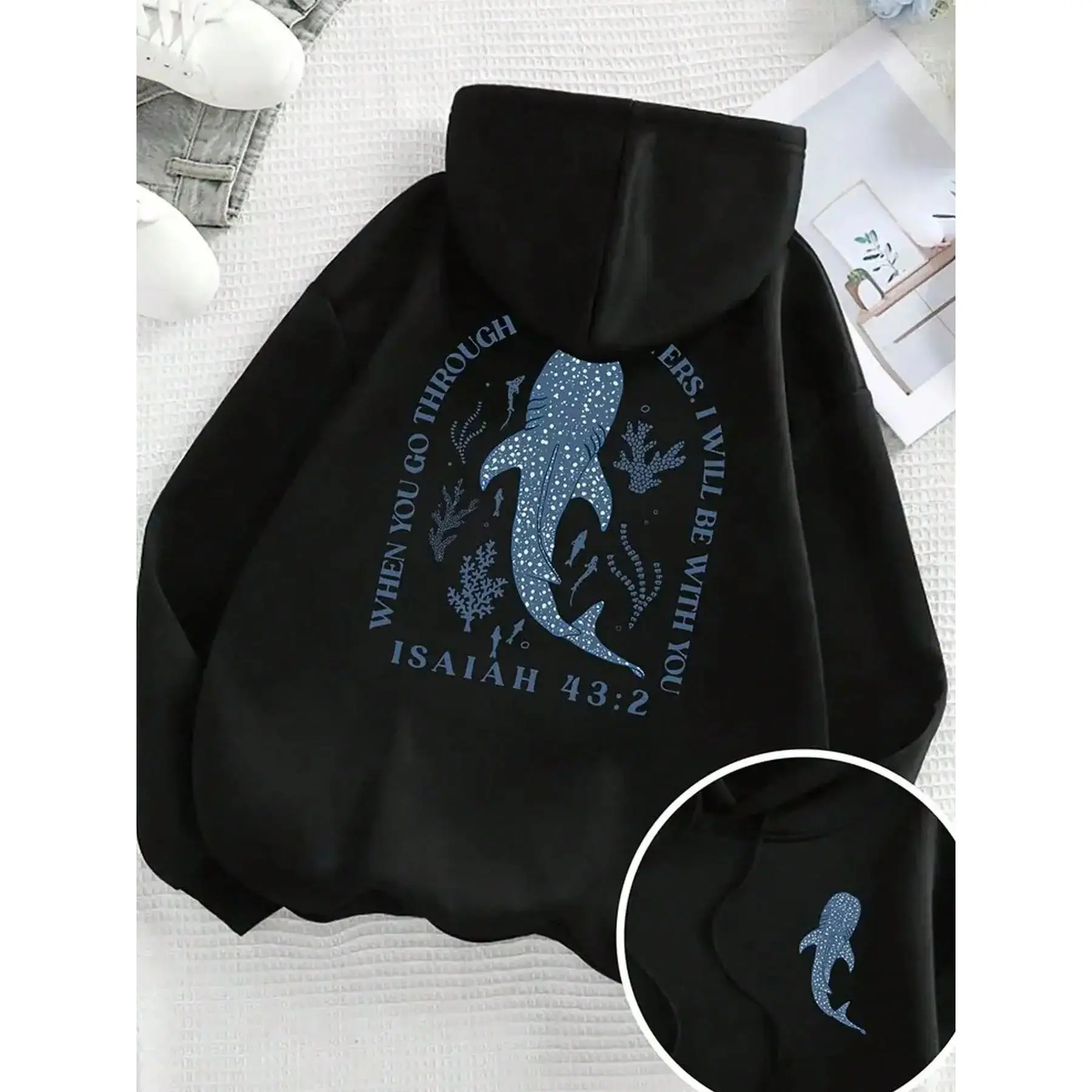 When You Go Through Waters I Will Be With You Double Print Hoodie,  Whale Shark Isaiah 43:2 Ocean Christian Hooded Sweatshirt, Religious Nature Aesthetic Casual Pullover For Men Women