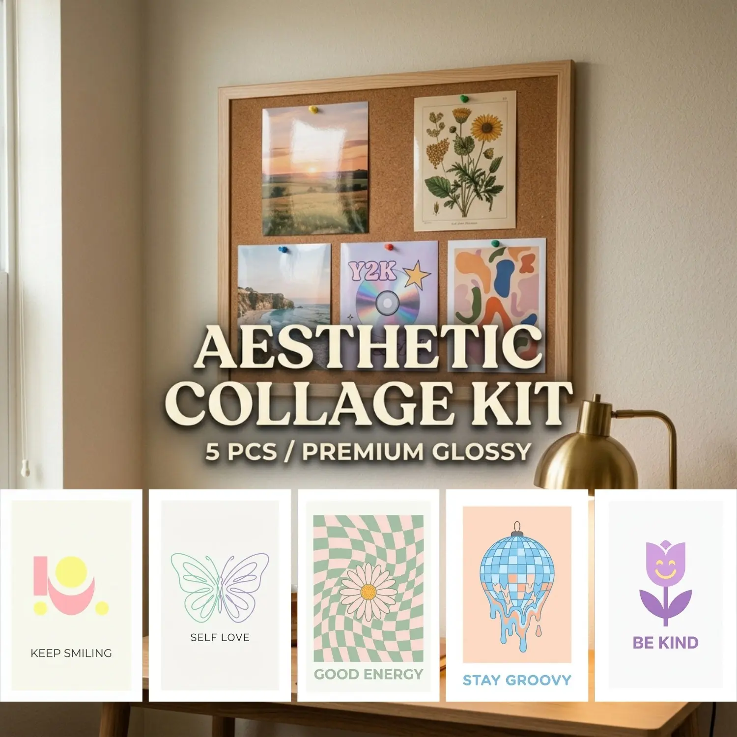 Danish Pastel Wall Collage Kit 4x6 Inch - 5 Pack Preppy Room Decor Photo Prints, Soft Pastel Pink & Green Groovy Aesthetic Posters for Bedroom Dorm Decor