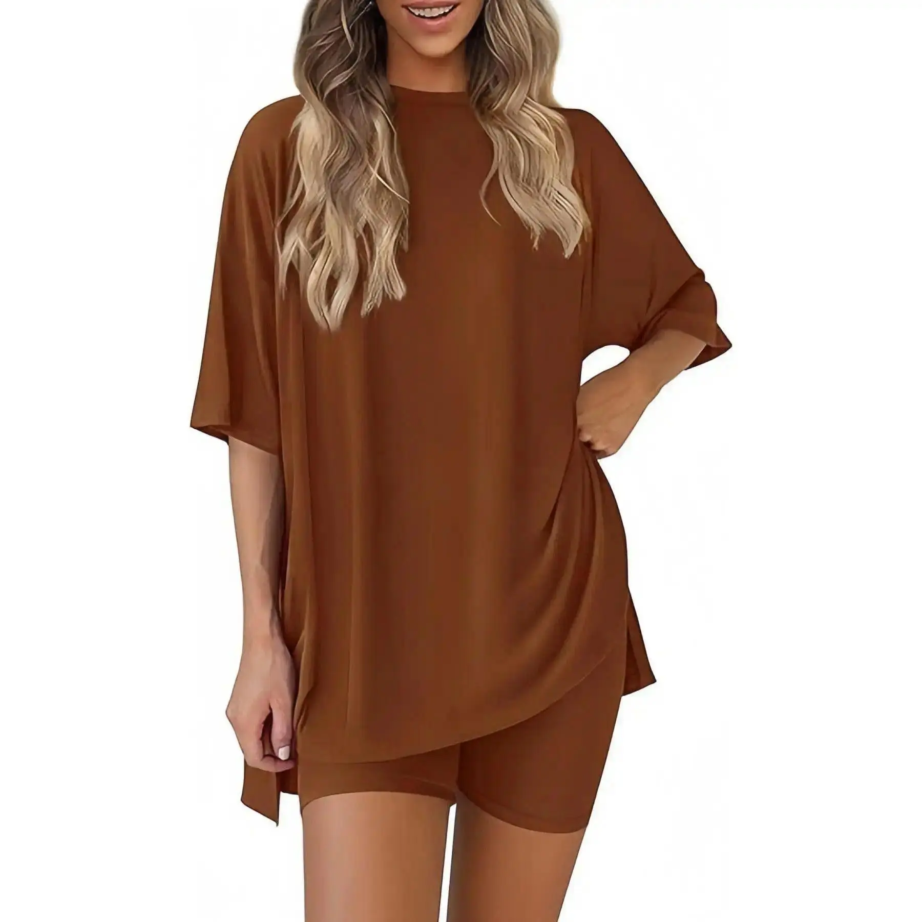 Women’s 2 Piece Lounge Set, Oversized Crew Neck Short Sleeve Top and Relaxed Fit Shorts, Casual Homewear Matching Outfit