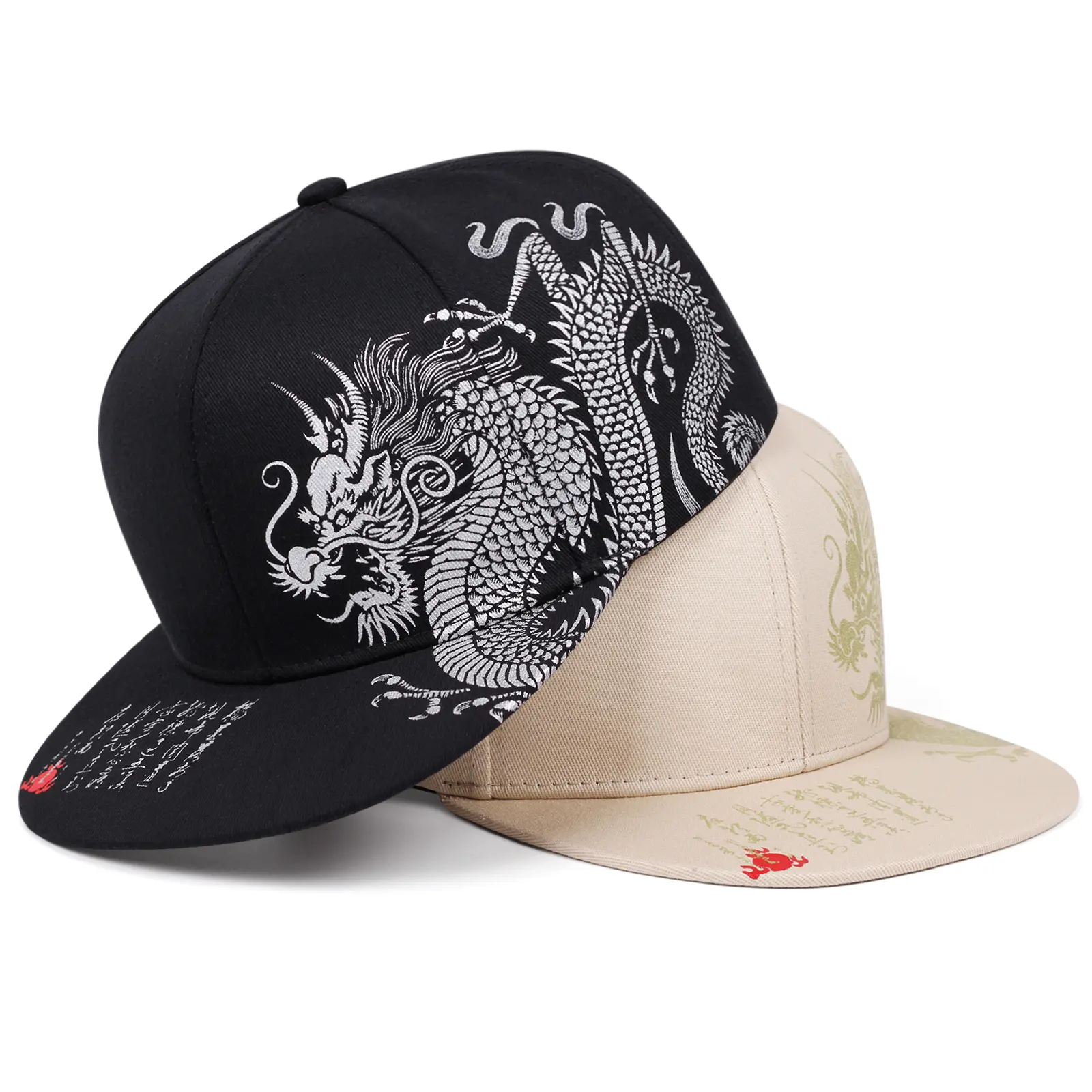 Chinese Dragon Intricate Embroidery Snapback Hat - Adjustable Flat Bill, Cultural Streetwear Cap for Birthday, Engagement, Anniversary, Daily Wear, Business, Breathable Fabric, Memorial Day, Adjustable Size, Flat Bill Hats, Ceremony, Dragon Letters, Multi