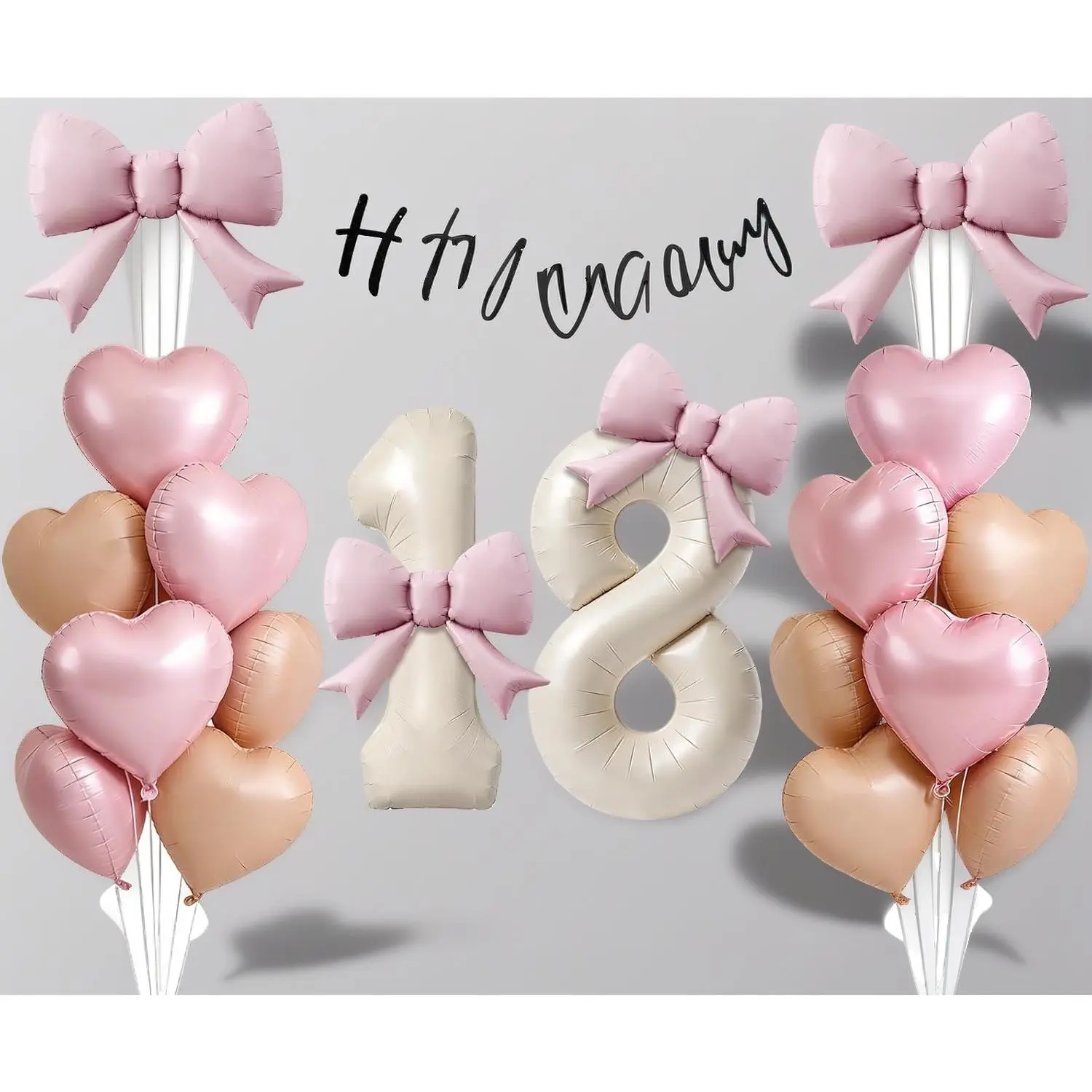 29Pcs 18th Birthday Decorations for Girls Pink Heart Bow Foil Balloons Cream 18 Balloon Numbers Black Happy Birthday Banner, 18 Year Old Girl Birthday Decorations Supplies