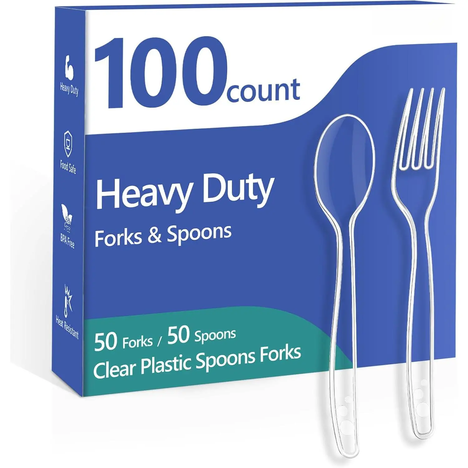 100 Count Plastic Silverware Heavy Duty -50 Forks, 50 Spoons, BPA-Free, Heat Resistant, Disposable Plastic Utensils Set, Plastic Cutlery Set, Plasticware Suitable for Party Everyday Use