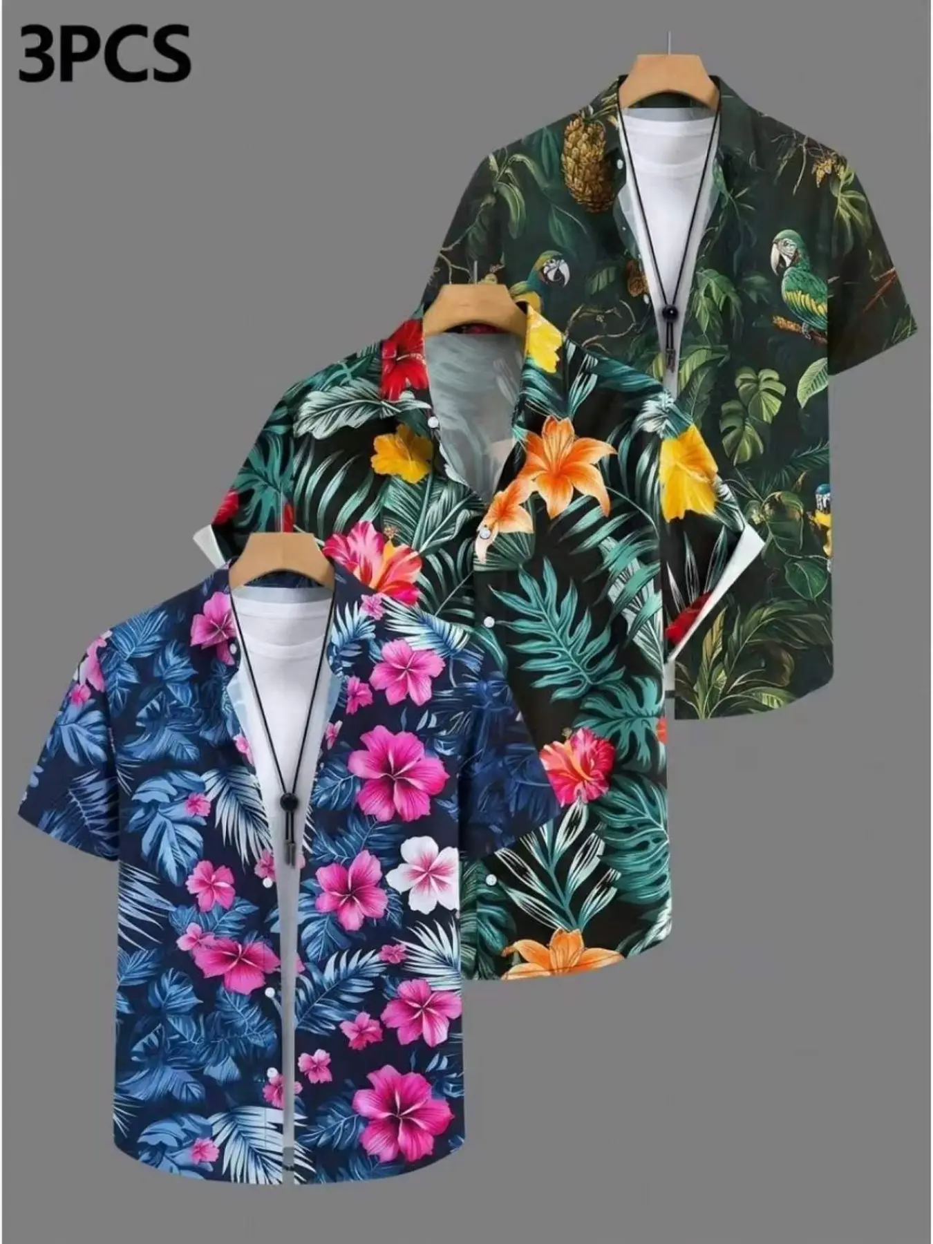 3-Piece Men's Hibiscus Parrot Print Hawaiian Shirt Set, Outfit, Casual Summer Tropical Floral Top, Breathable Beachwear, All-Season Slim Fit
