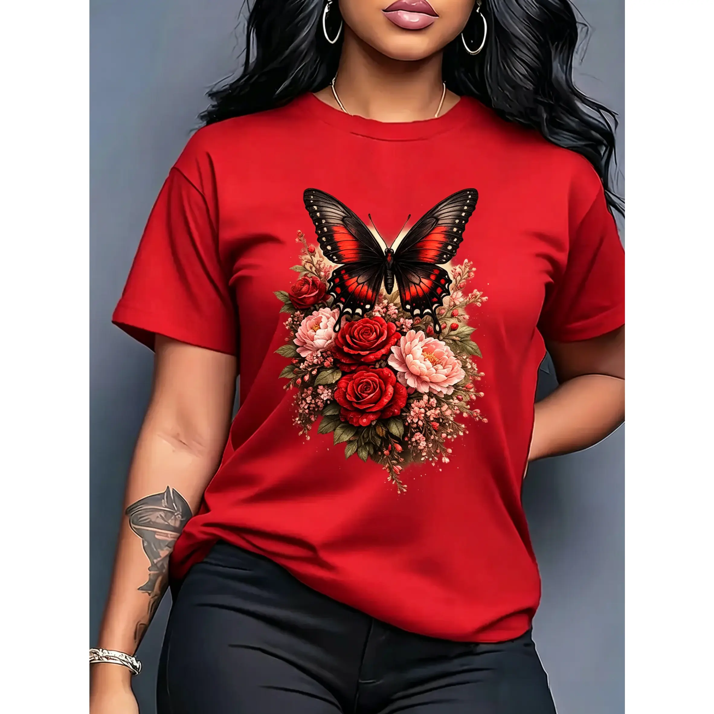 100% cotton T-shirt for women with rose and peony print in 10 colors to choose from - loose-fitting, short-sleeved, round-neck summer top with red butterfly embellishments