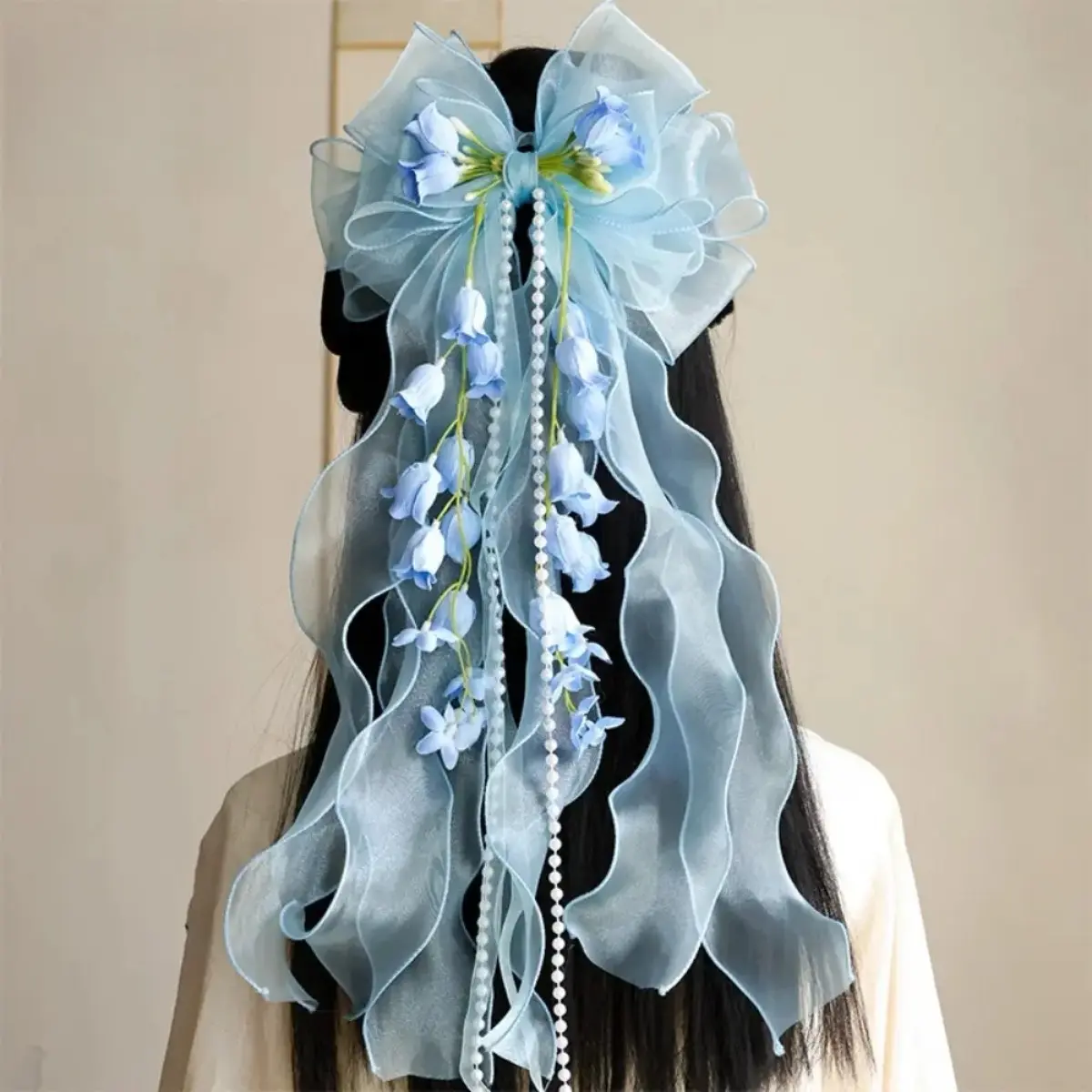 Lily of the Valley Floral Historical-Period Bow Hairpin with Long Streamer - Flower Hair Clip, Bows for Hair Set with Bag Charm, Luggage & Bag Twilly to Complement Outfits for Ancient Clothing Daily Wear