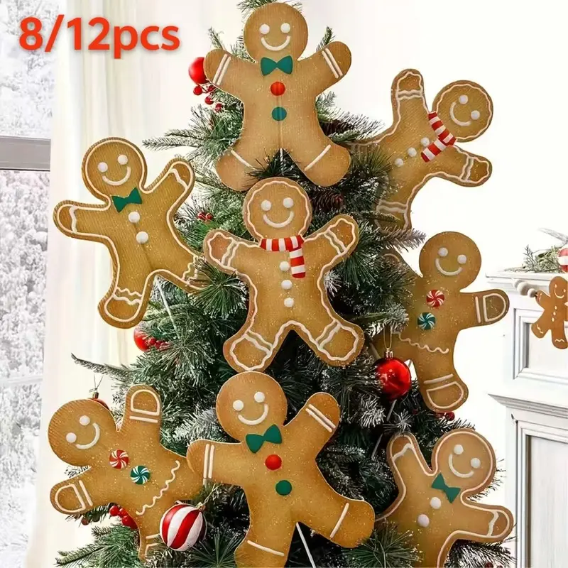 8/12pcs large gingerbread Christmas tree ornaments-lovely country style holiday decorations, suitable for home, school and office.