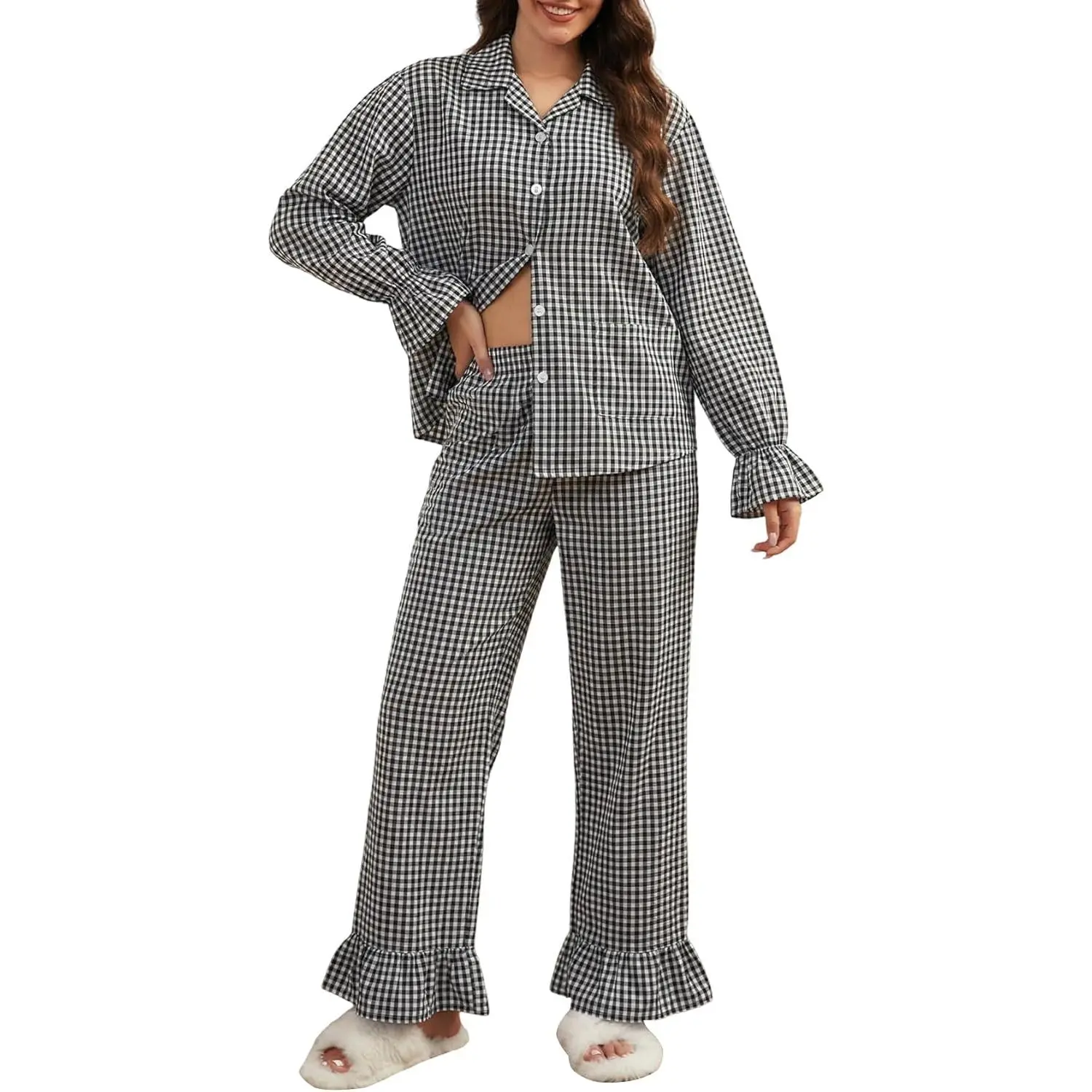 Arssm Womens Cotton Gingham Pajamas Sets 2 Piece Ruffle Pamaja Plaid Pjs Button Down Shirt Pants Lounge Set