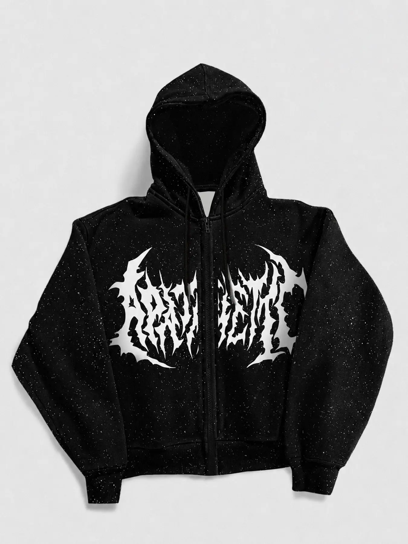 Men Cropped Zip‑Up Hoodie Jacket, Black Speckled Glitter Fabric Hooded Sweatshirt With Gothic Death Metal White Letter Graphic Print, Loose Fit Full Zip Hooded Top For Y2K Grunge Street Daily Party Nightclub Hangout Casual Autumn Winter Outfits