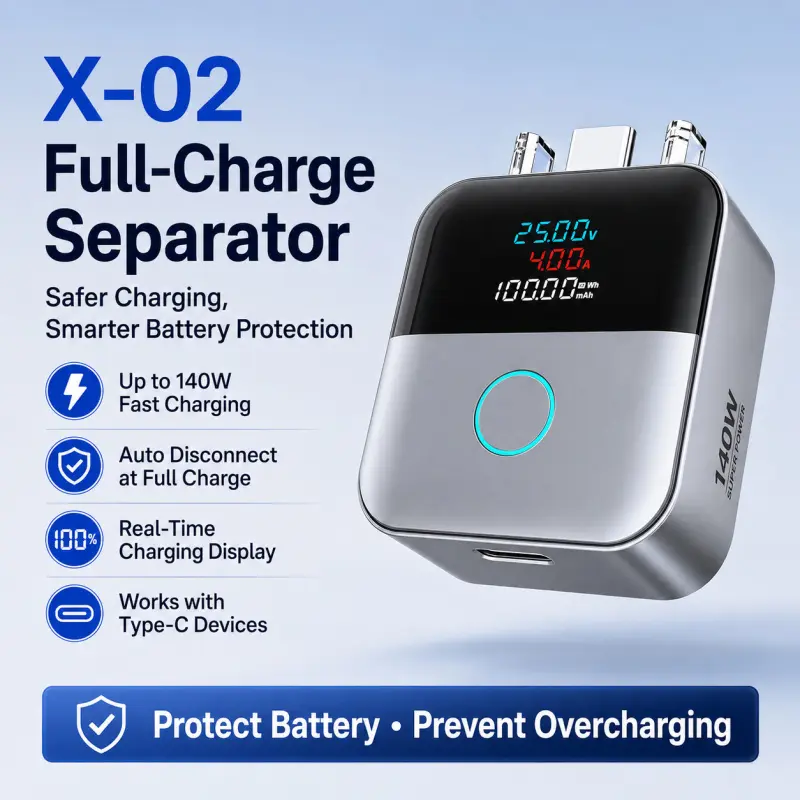 X-02 140W Type-C Full Charge Separator, Auto Disconnect Battery Protector Adapter Charger with Real-Time Voltage Current Power Display, Overcharging Protection, Fast Charging Monitor for Phone Cellphone Tablet Laptop