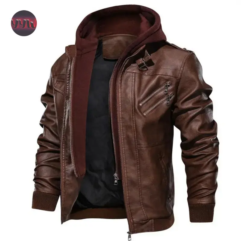 YYW1 Men's Brown Genuine Leather Hip Length Motorcycle Jacket, Custom Fit, with Removable Hood, Casual Sport & Outdoor Wear